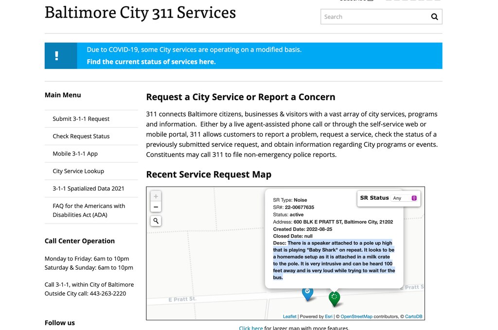 Baltimore City 311 Services received a complaint about a speaker playing "Baby Shark" on a loop on August 25, 2022. The screenshot was taken on August 26, 2022.