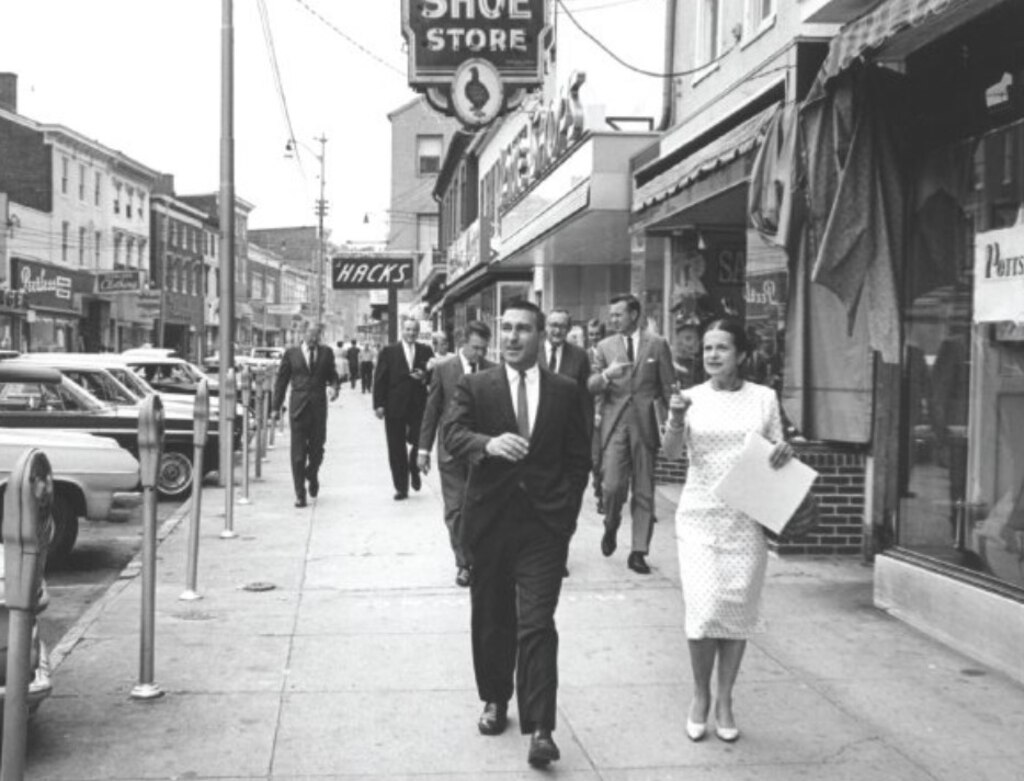 Anne St. Clair Wright leads U.S. Interior Secretary Stuart Udall on a tour of Main Street in Annapolis in 1965, as she argued for creation of National Historic Landmark status.