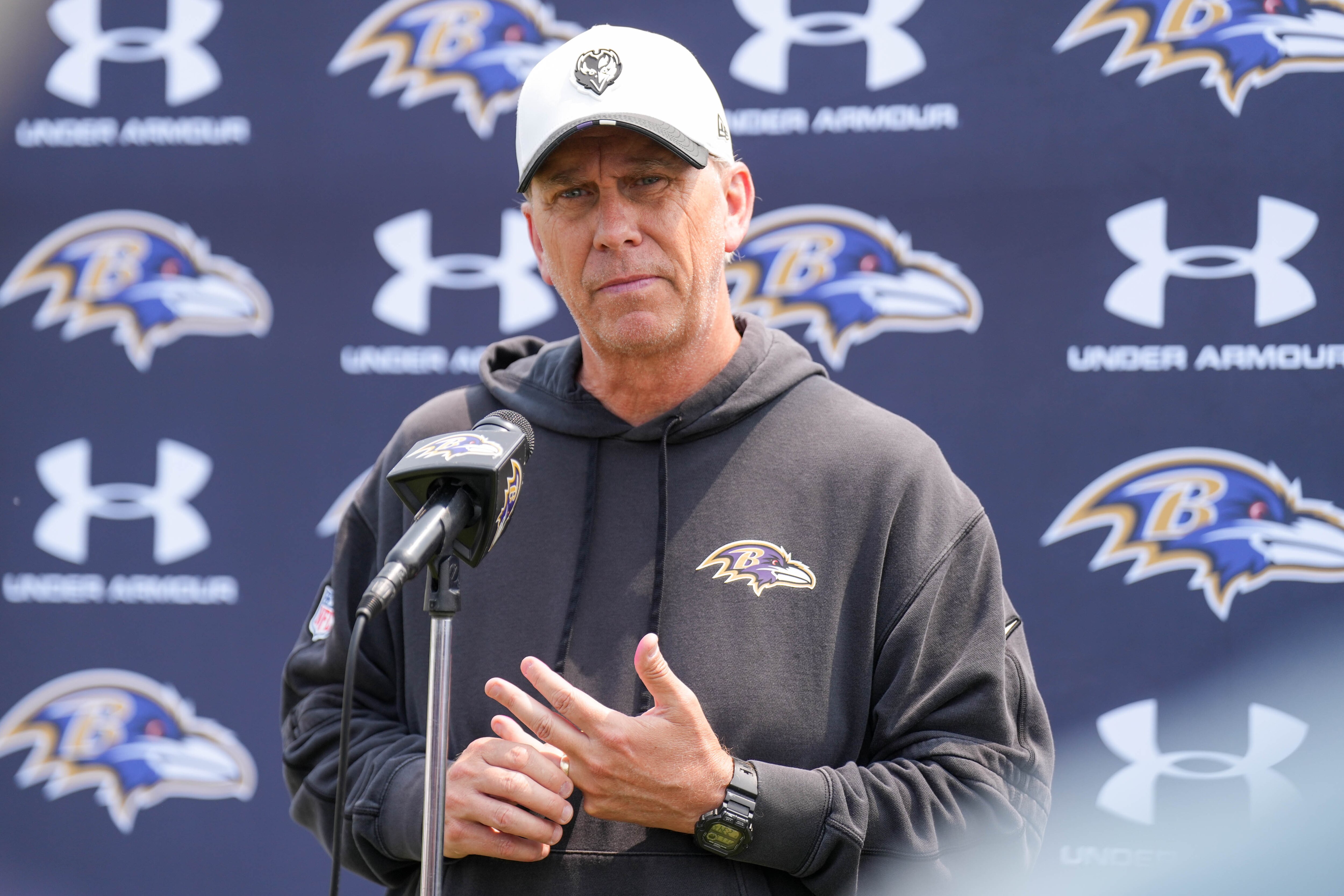 Baltimore Ravens offensive coordinator Todd Monken takes questions from reporters following the team’s organized team activities at the Under Armour Performance Center in Owings Mills, Md. on Tuesday, June 3, 2025.