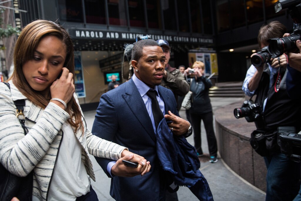 Suspended Baltimore Ravens football player Ray Rice (R) and his wife Janay Palmer arrive for a hearing on November 5, 2014 in New York City.
