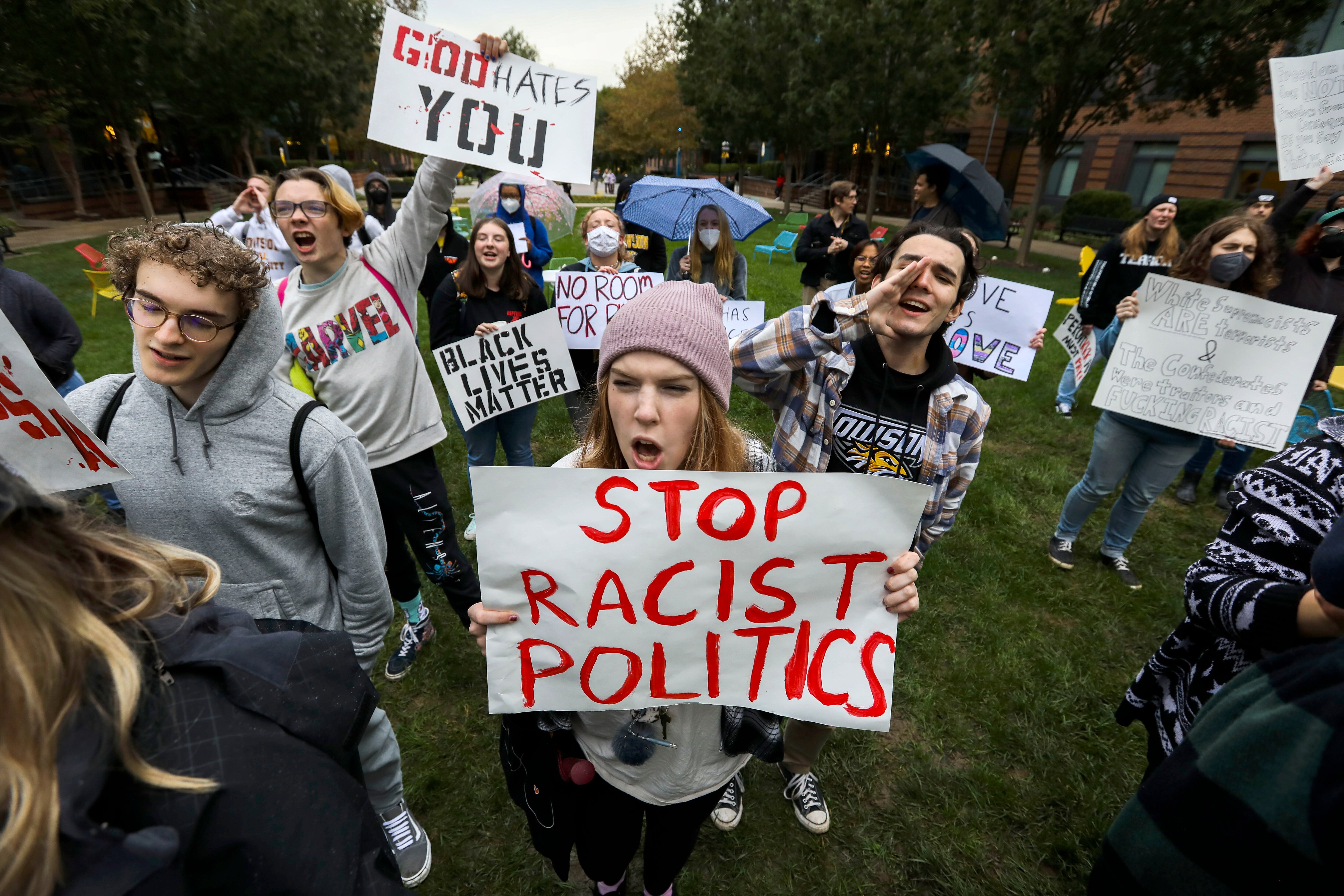 Towson University students protest that the University hosted Attorney General nominee Michael Peroutka and Gordana Schifanelli, Dan Cox running mate in the West Village Commons Ballroom A from 6-8pm.  The League of the South, according to its website, seeks to “return to a more traditional, conservative Christian-oriented Southern culture.” The Southern Poverty Law Center has labeled The League of the South as a hate group.