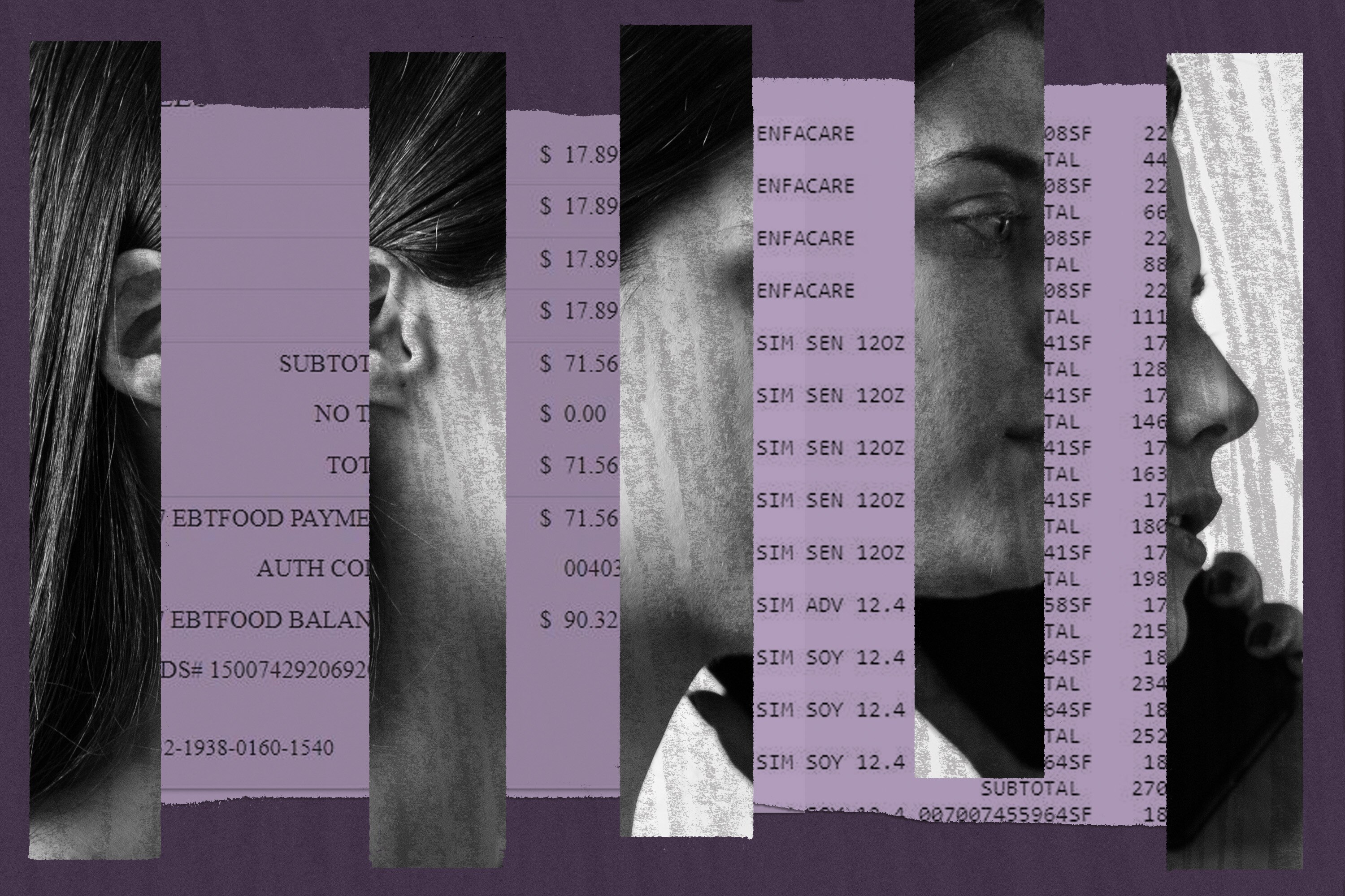 Photo collage of mother's face, divided in pieces, layered over receipts of purchases made with a stolen food assistance card.