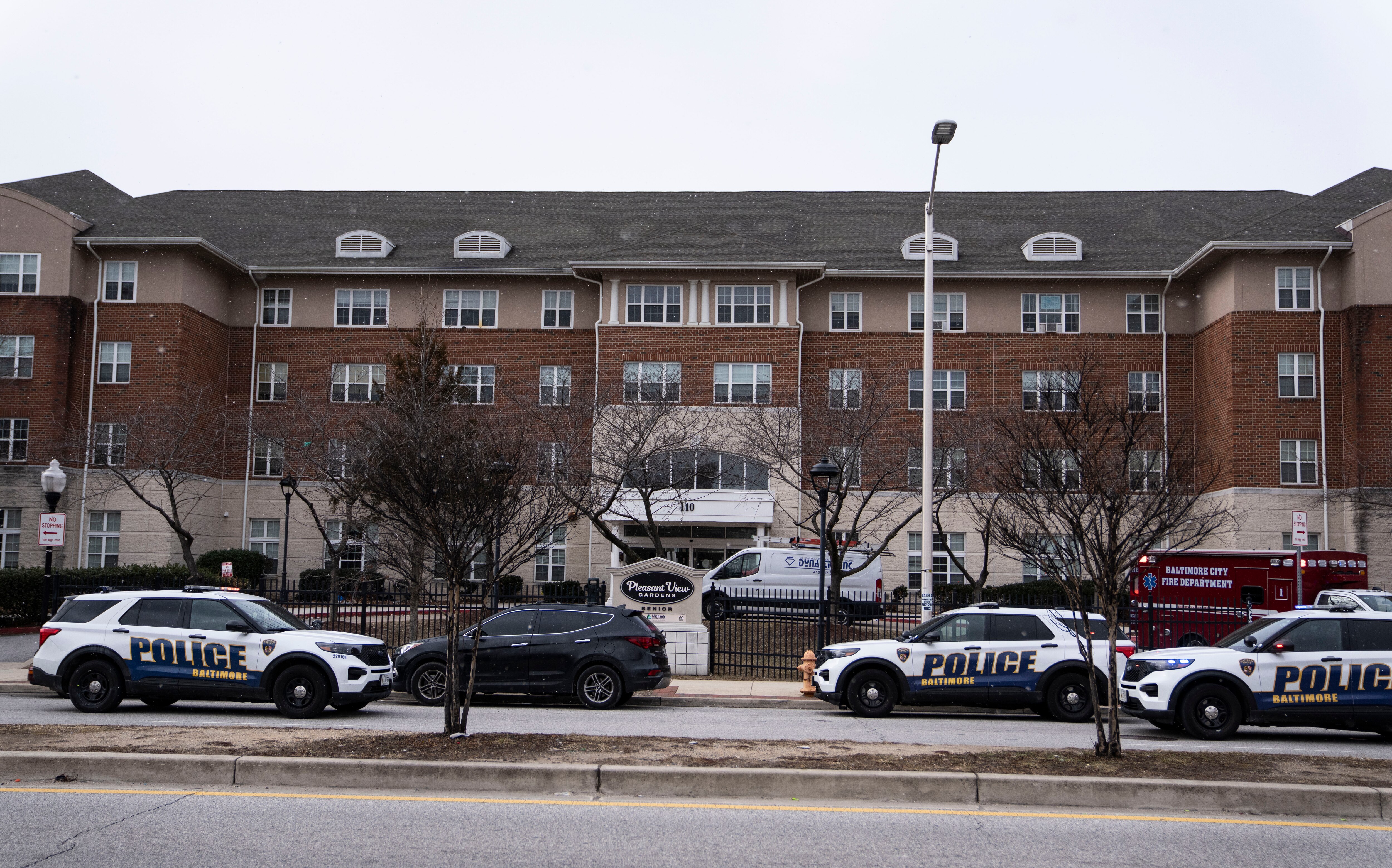 Police presence outside Pleasant View Gardens on Thursday, February 20, 2025, as they investigate a shooting inside the senior living facility.