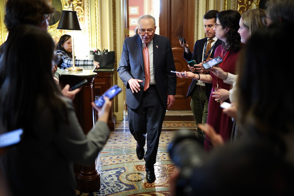 WASHINGTON, DC - MARCH 13: Senate Minority Leader Chuck Schumer (D., N.Y.) leaves the Democratic caucus lunch at the U.S. Capitol on March 13, 2025 in Washington, DC. On Wednesday Senate Democrats, not in line with the continuing resolution passed by House Republicans providing a six-month funding extension to avert a government shutdown, proposed an alternate plan that would fund the government in the short term through April 11.