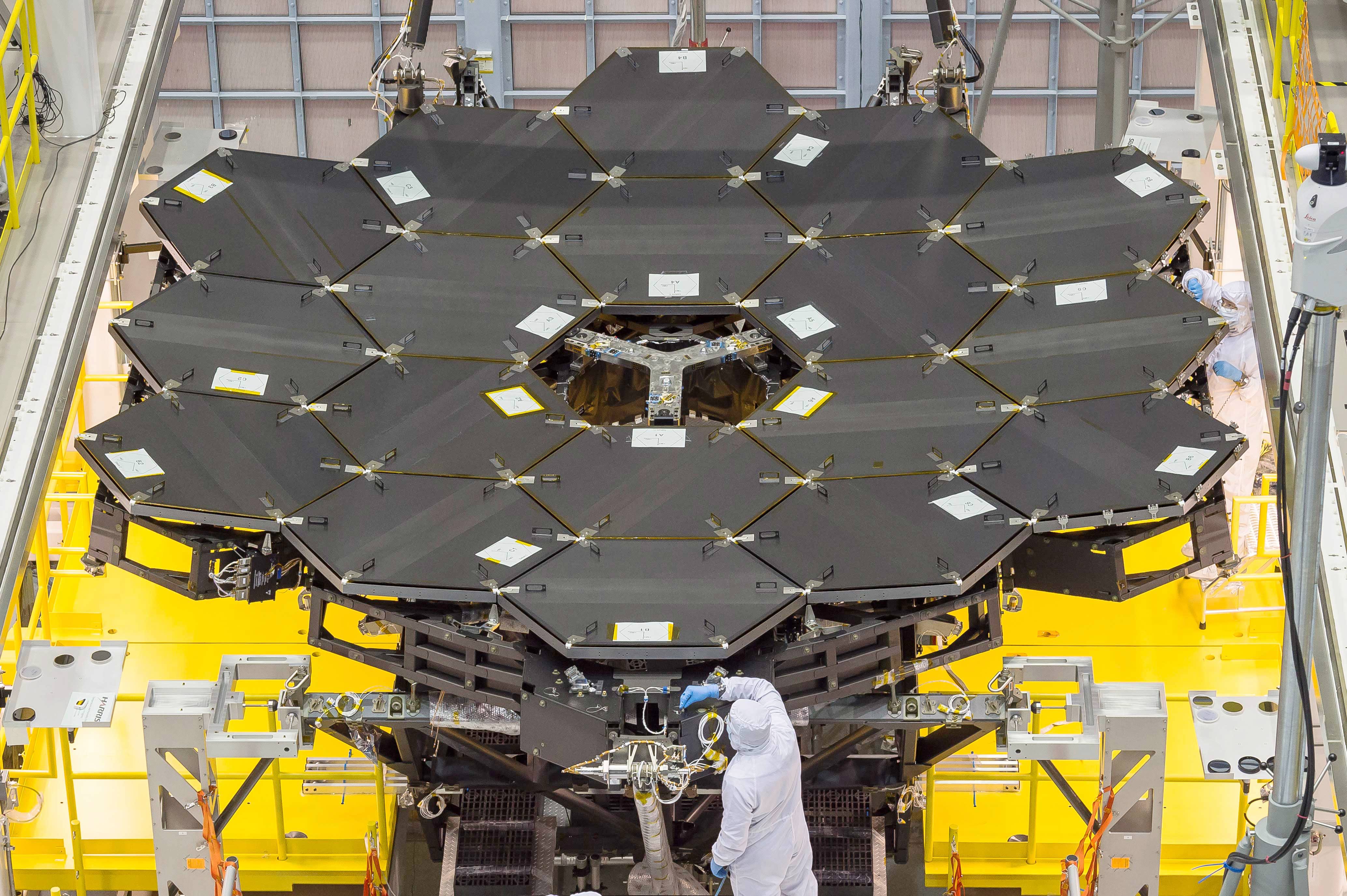 The James Webb Space Telescope's 18 mirrors are seen fully installed on the James Webb Space Telescope structure at NASA's Goddard Space Flight Center in Greenbelt, Maryland.