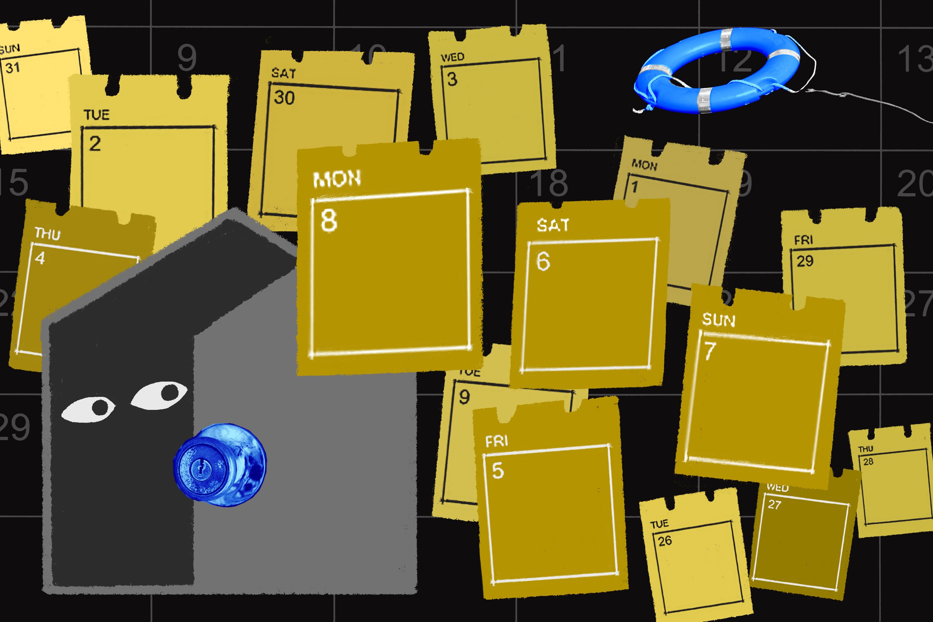 Calendar pages pile up between tenant and life ring