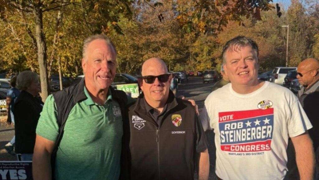 Circuit Court judge-elect Tom Casey, left, with former Gov. Larry Hogan, who ran for U.S. Senate, and congressional candidate Rob Steinberger, right, one day before final balloting. Casey was the only one to win.