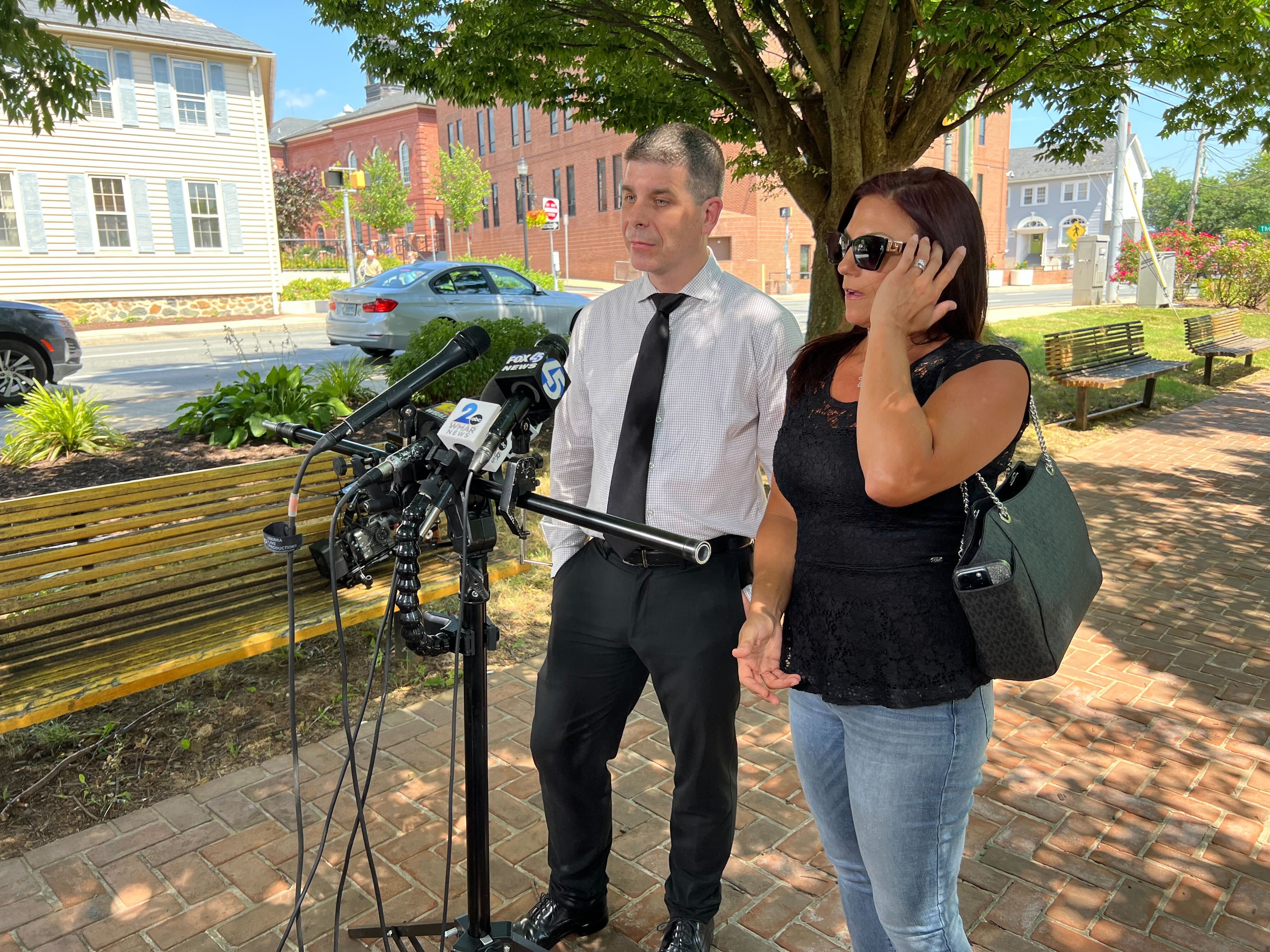 Matthew McMahon, the father of Rachel Morin’s oldest child, and Erin Layman, Rachel Morin’s half-sister, speak to reporters on Friday, June 21, 2024, after a bail review hearing for Victor Martinez-Hernandez in the District Court of Maryland for Harford County in Bel Air.