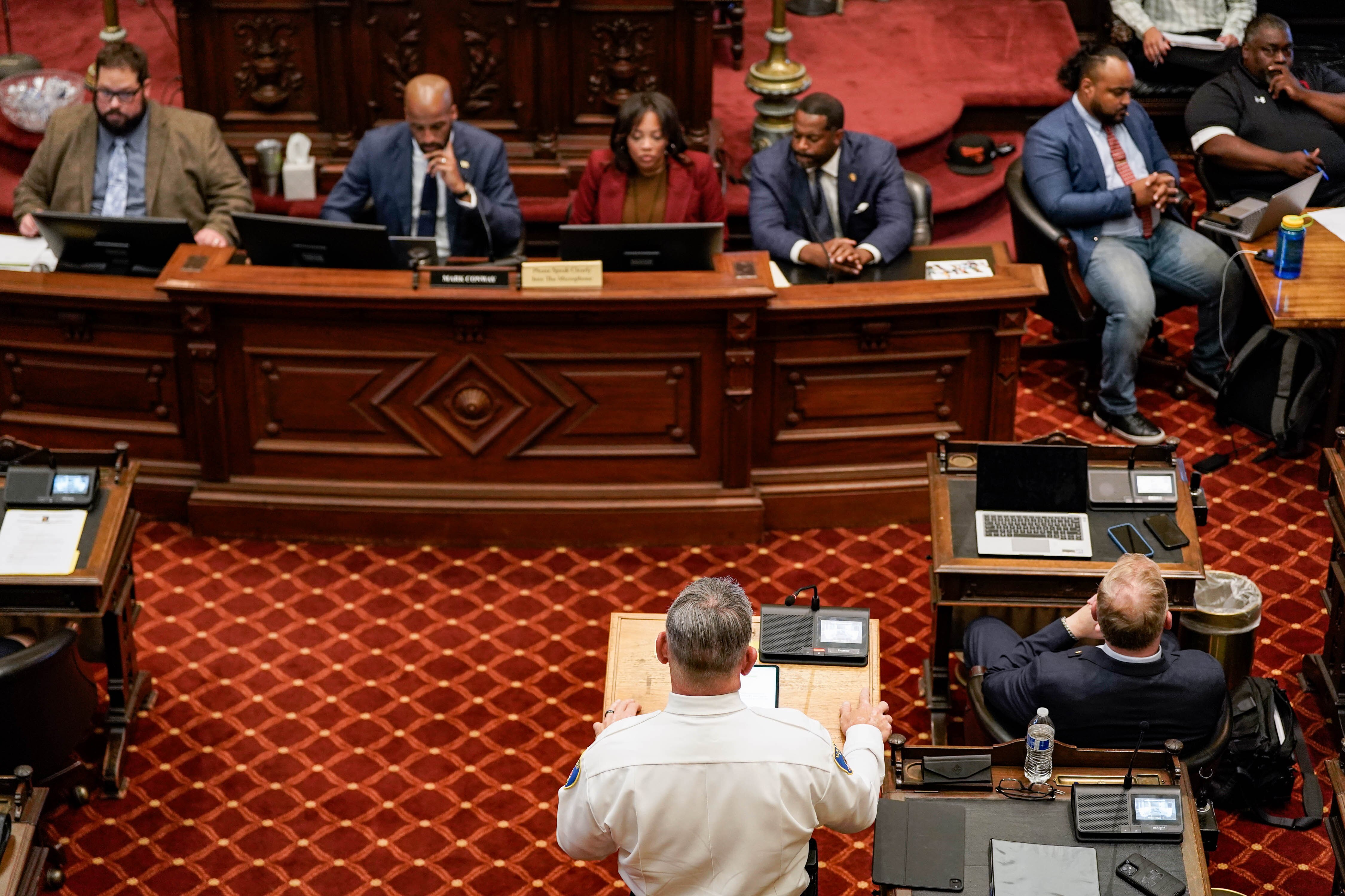 Acting police commissioner Richard Worley speaks at the Baltimore City Council hearing on the Brooklyn mass shooting on July 13, 2023.