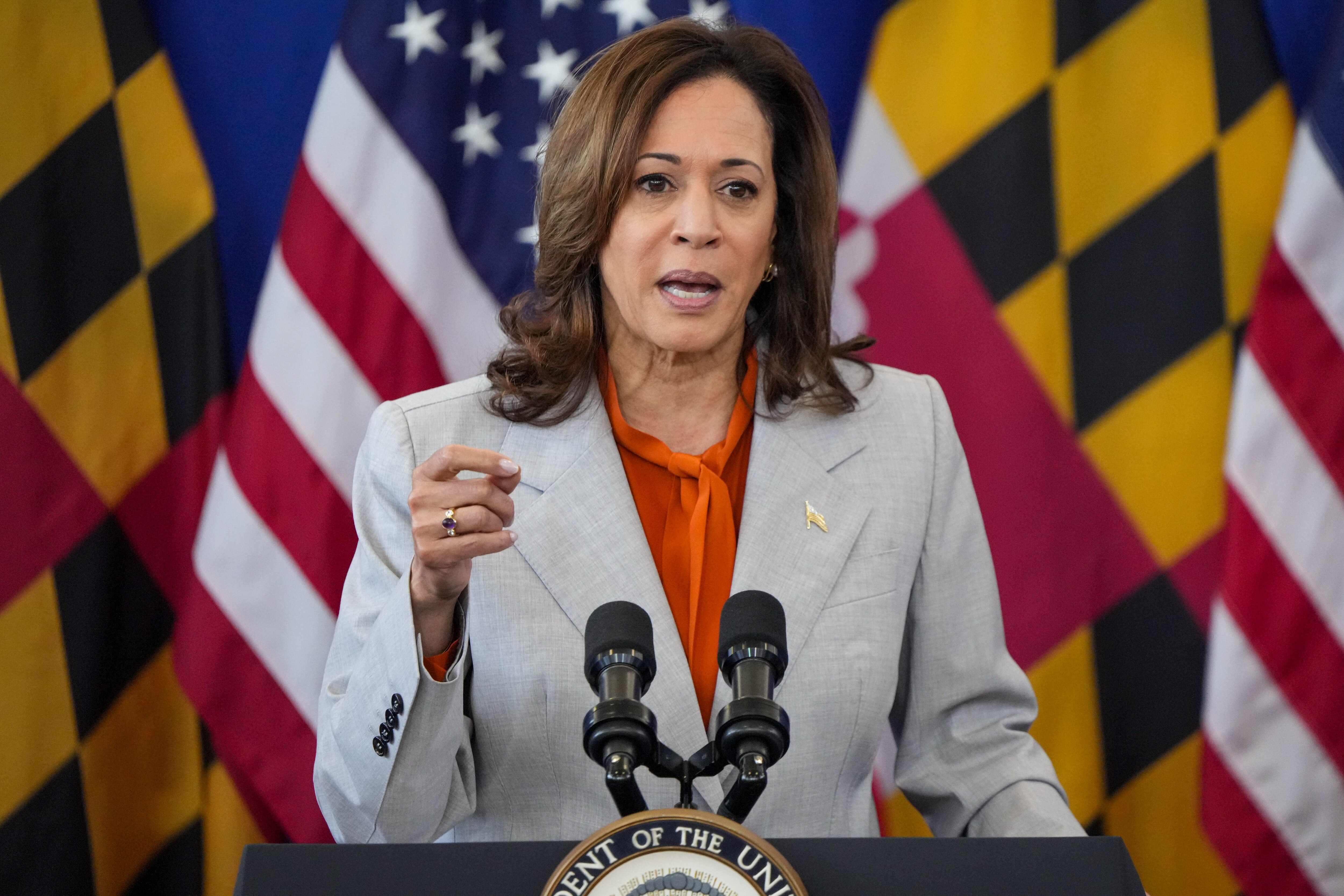 U.S. Vice President Kamala Harris takes the stage at the Kentland Community Center to endorse U.S. Senate candidate Angela Alsobrooks on June 7, 2024.