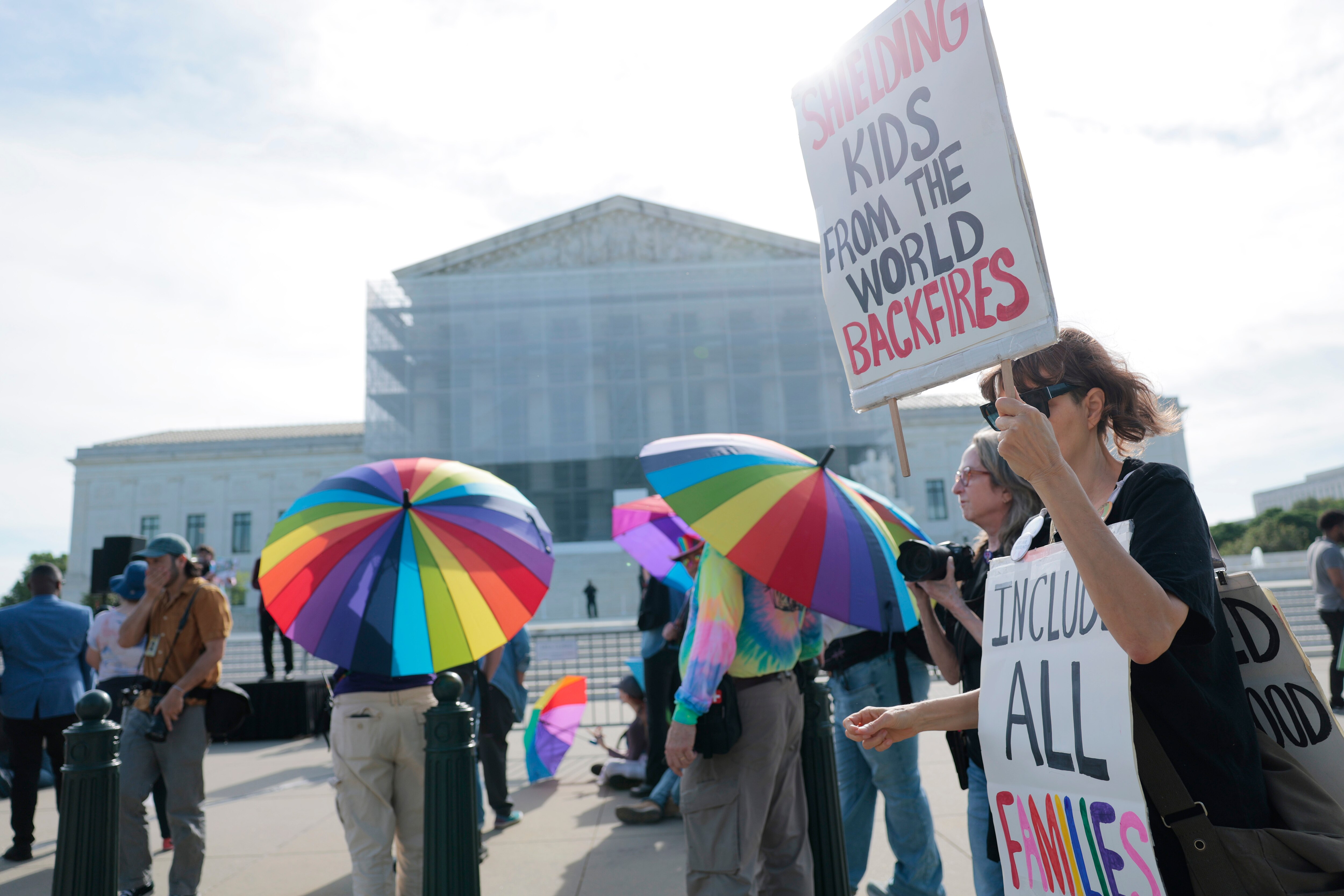 WASHINGTON, DC - APRIL 22: Protesters in support of LGBTQ+ rights and against book bans demonstrate outside of the U.S. Supreme Court Building on April 22, 2025 in Washington, DC. U.S. Supreme Court Justices heard arguments for the case of Mahmoud v. Taylor where a coalition of parents from Montgomery County, Maryland, say that a school requiring their children to participate in classes that include LGBTQ themes violates their religious beliefs and thus their First Amendment right to freely exercise their religion.