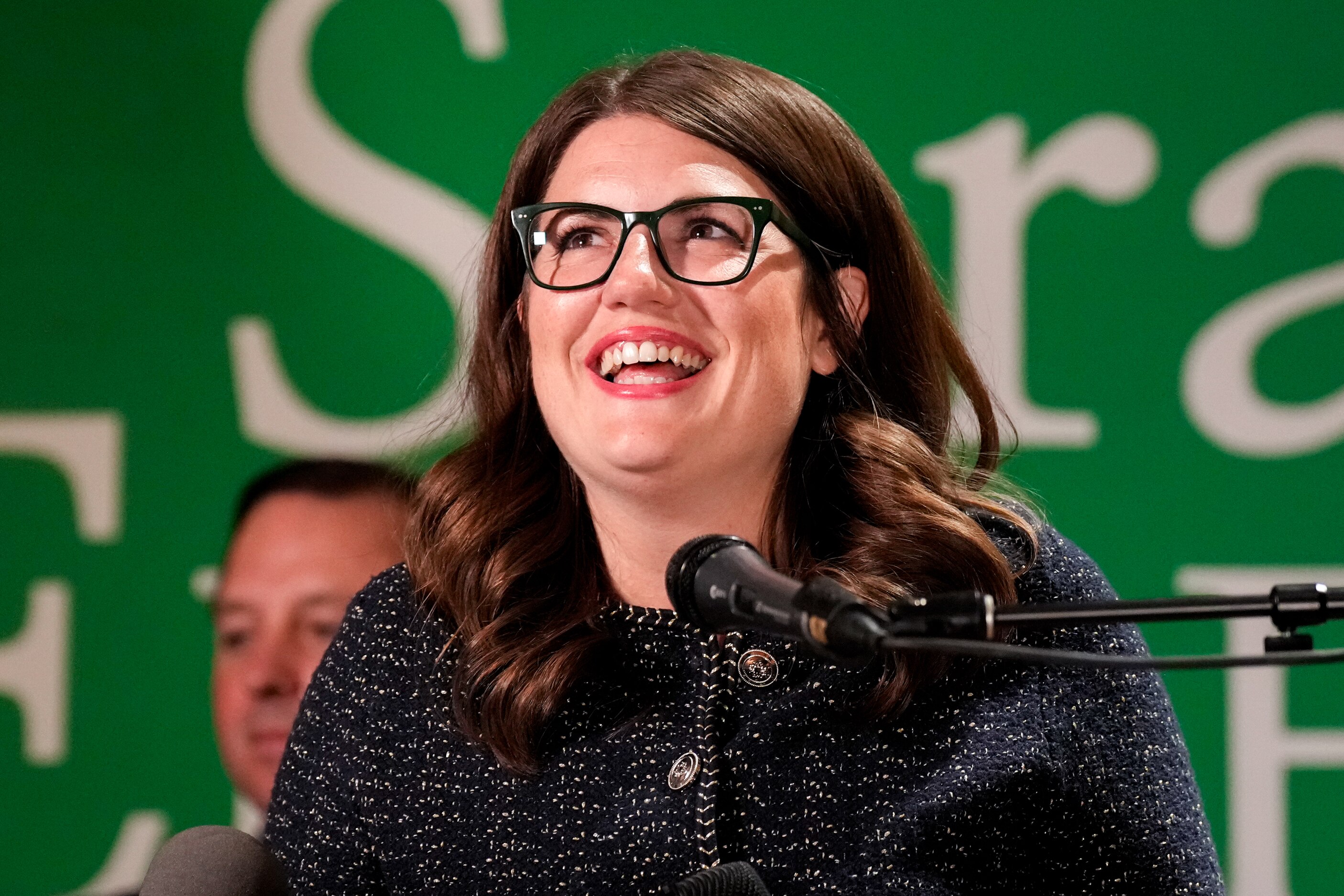 Newly-elected U.S. Congresswoman Sarah Elfreth delivers a victory speech at her election night party in Annapolis, Md.