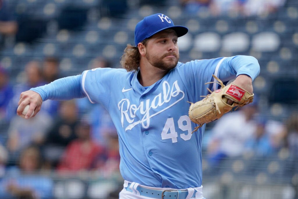 Starting pitcher Jonathan Heasley, #49 of the Kansas City Royals, throws in the first inning against the Minnesota Twins  at Kauffman Stadium on Sept. 22, 2022 in Kansas City, Missouri. (Photo by Ed Zurga/Getty Images)