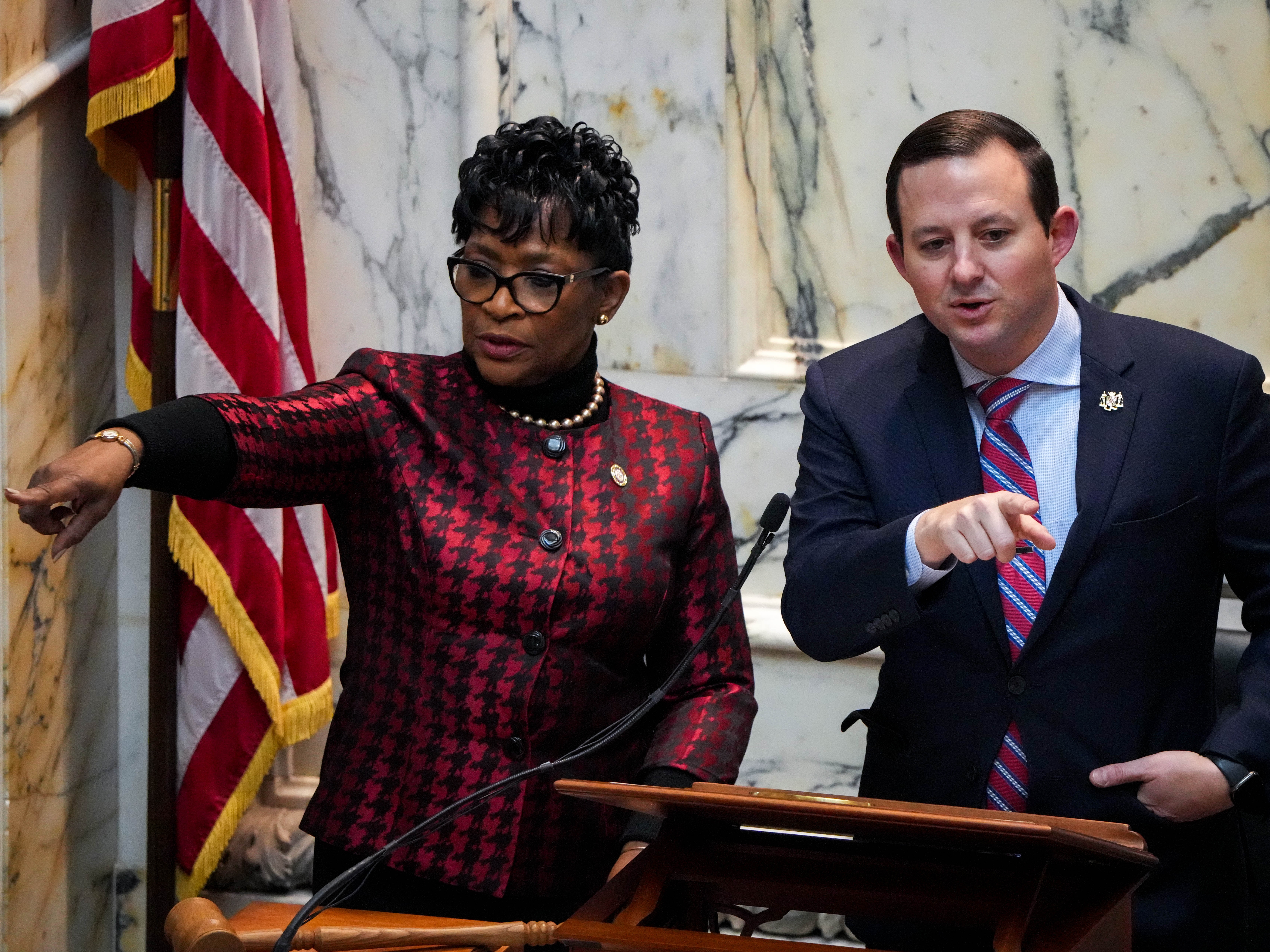 House of Delegates Speaker Adrienne A. Jones, left, and Maryland Senate President Bill Ferguson speak to the delegates and senators before Gov. Wes Moore delivers his first State of the State address on 2/1/23 at the Maryland State House.