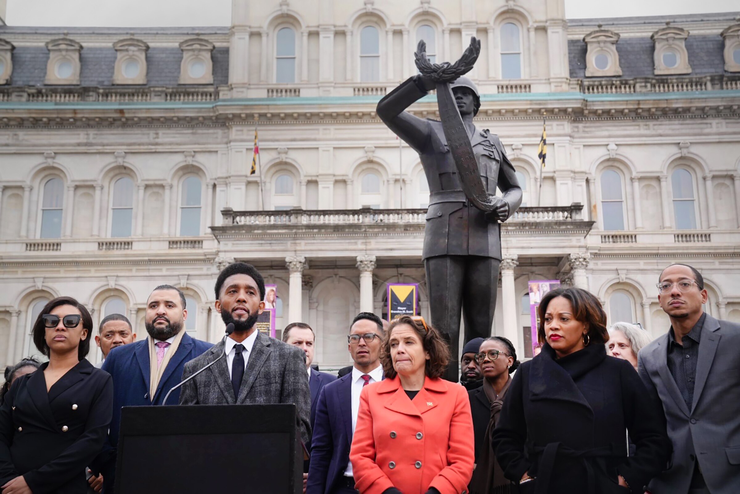 Mayor Brandon Scott speaking outside City Hall in support of Faith Leach, whose confirmation for the City Administrator position was stalled during a council meeting late Thursday.