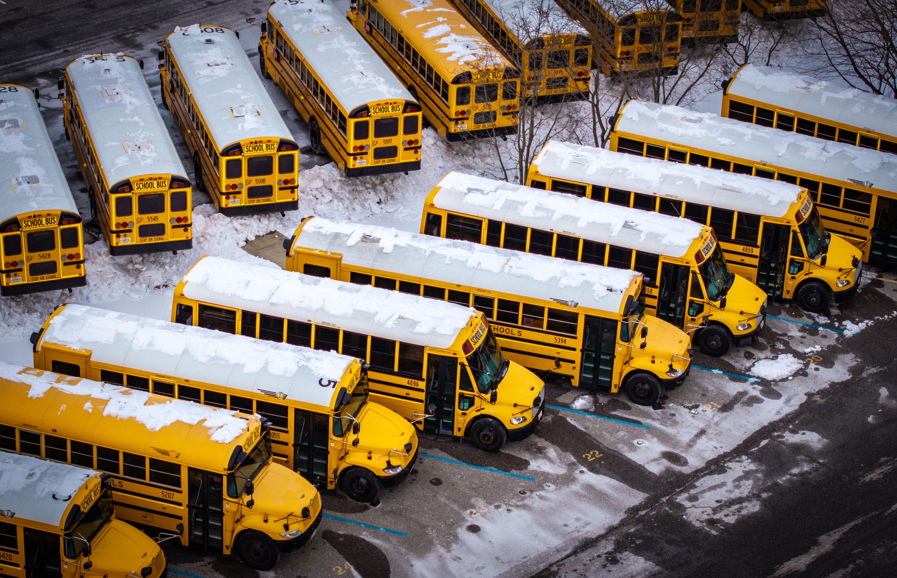 Wednesday, Jan. 28, 2026 — Baltimore County School busses sit in the county lot on Providence Road on day when schools are closed because of snow.