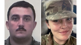 This combo from photos provided by the U.S. Attorney's Office on Thursday, Nov. 27, 2025, show National Guard members, from left, Staff Sgt. Andrew Wolfe and Specialist Sarah Beckstrom.