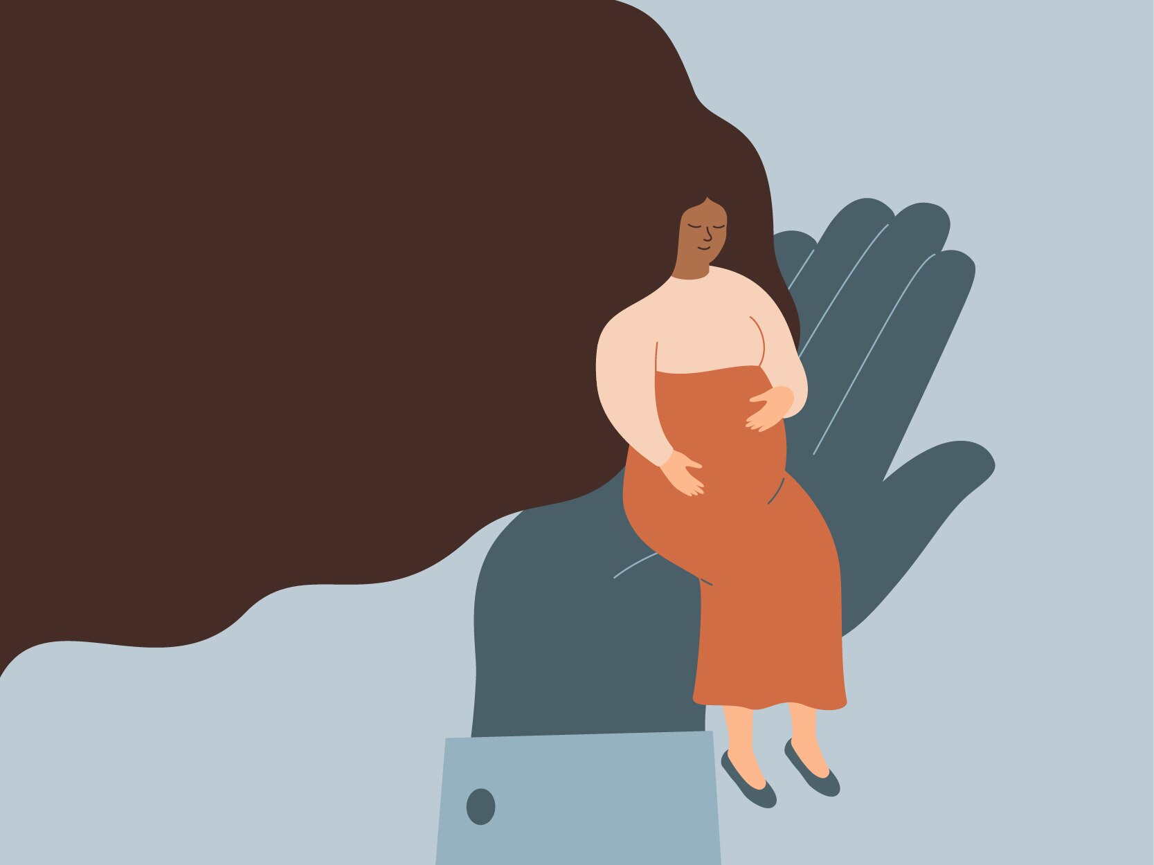 Healthy pregnant woman sitting on big doctor's hand. Prenatal care helps ensure a healthy pregnancy.