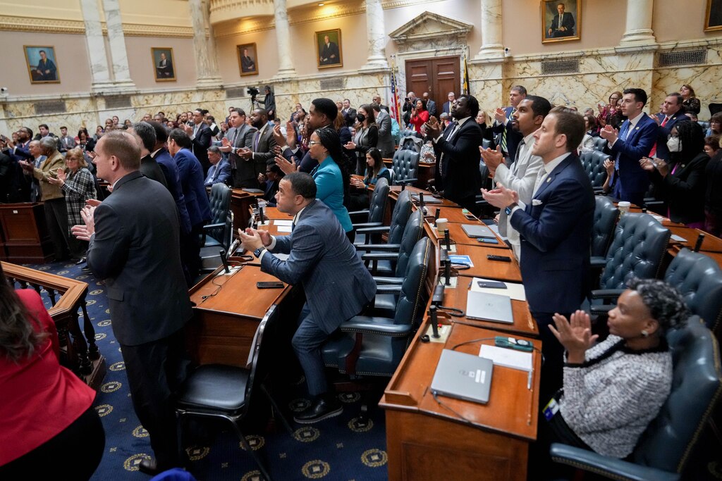 Members of the Maryland General Assembly take to their feet to give Gov. Wes Moore a standing ovation as he delivers his annual State of the State address in the Maryland State House in Annapolis, Md. on Wednesday, February 5, 2025.