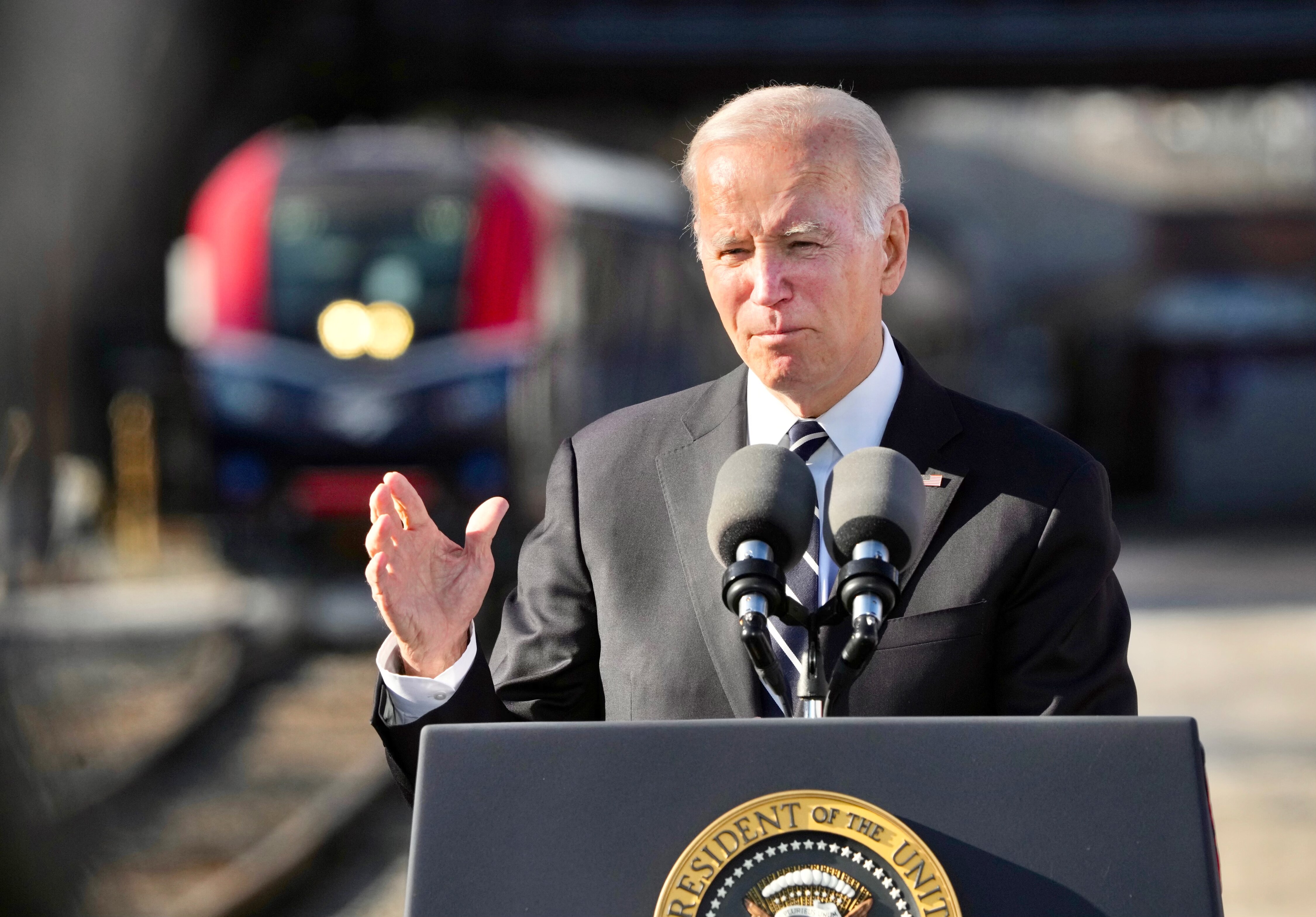 President Joe Biden speaks on the Frederick Douglass Tunnel Bipartisan Infrastructure Law on January 30, 2023.