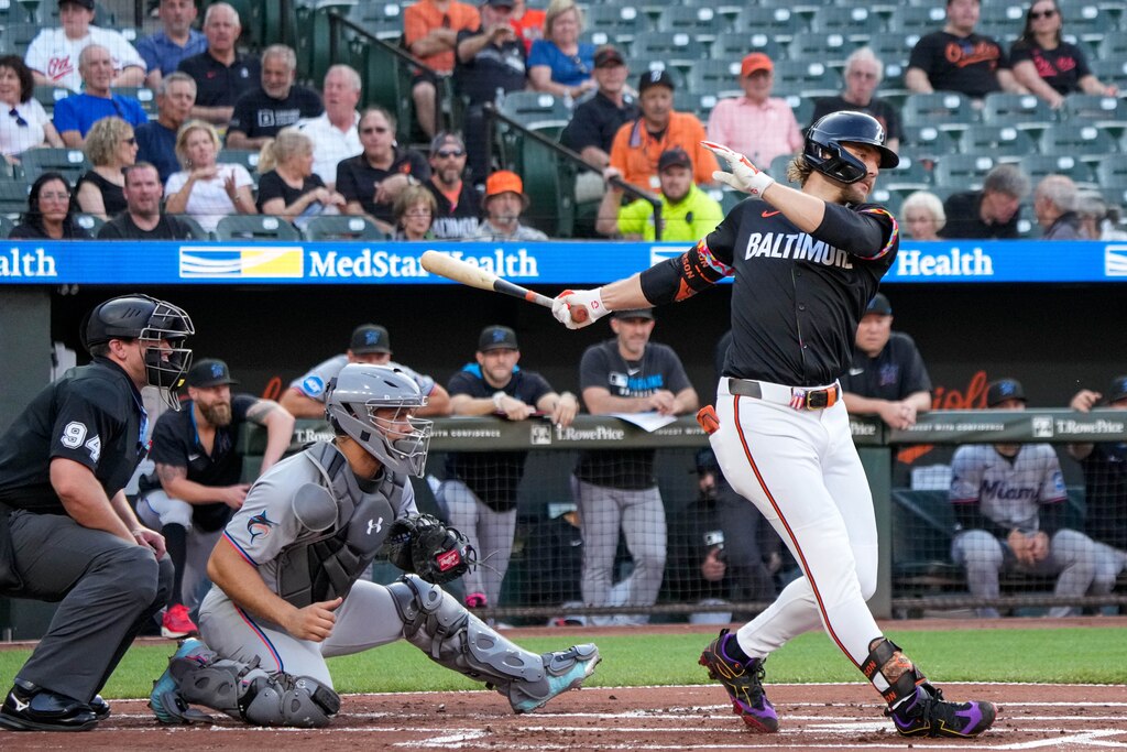 Baltimore Orioles shortstop Gunnar Henderson (2) strikes out in the first inning of a game against the Miami Marlins at Oriole Park at Camden Yards in Baltimore, Md. on Friday, July 11, 2025.