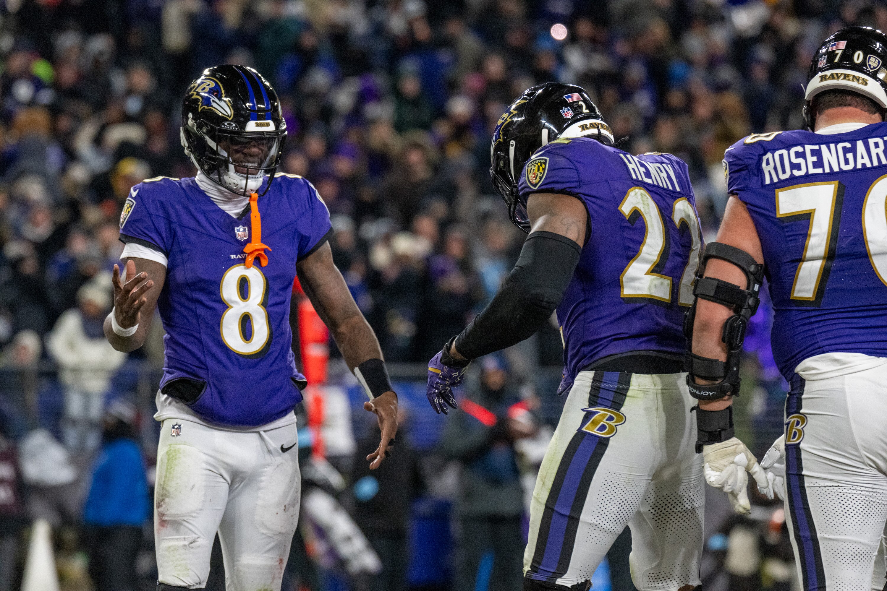 Ravens quarterback Lamar Jackson, left, had a lot of reasons to celebrate during the 2024 season. He could add another MVP to that list Thursday night.