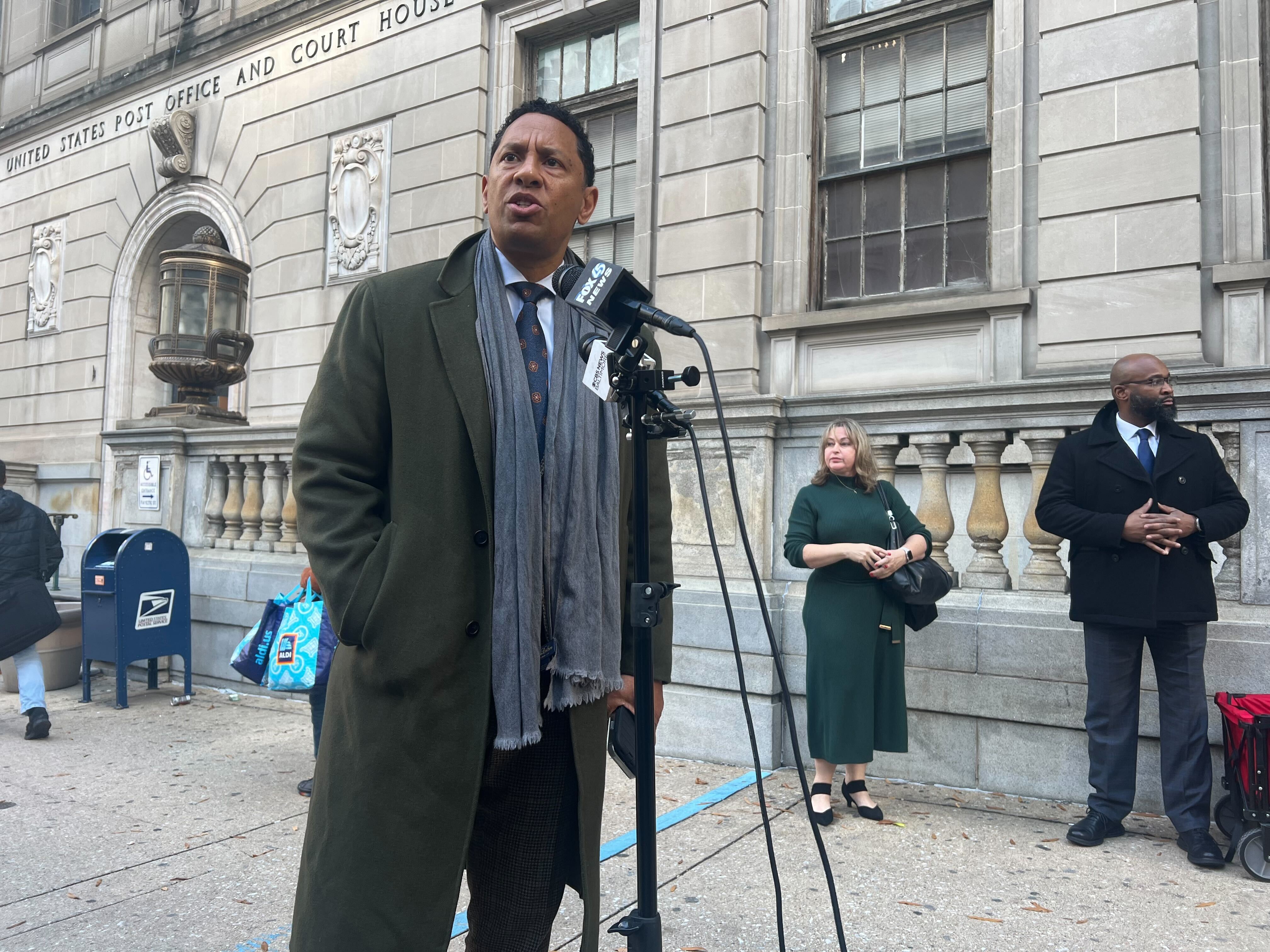 Baltimore State's Attorney Ivan Bates speaks to reporters after sentencing for Gordon Staron, who was convicted of killing a random homeless man in East Baltimore and then his deaf cell mate at Central Booking.