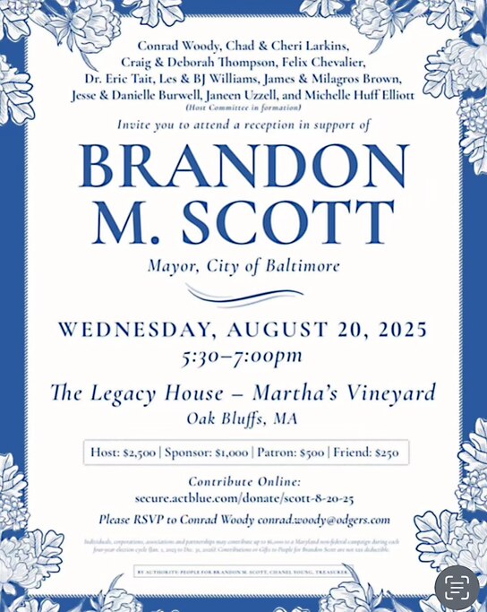 A screenshot of an announcement for Baltimore Mayor Brandon Scott's fundraiser on Aug. 20 in Martha's Vineyard.
