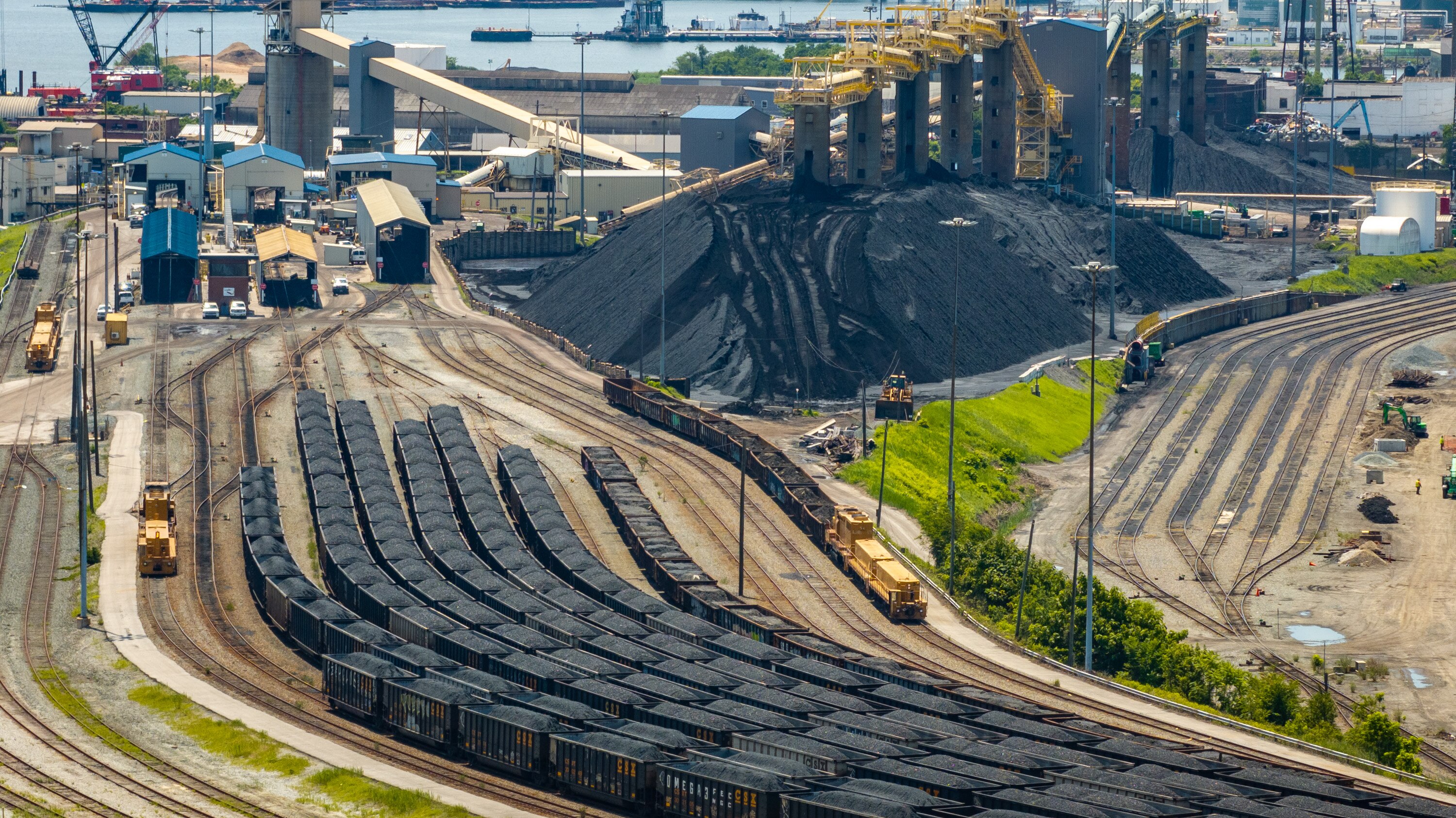 Loaded coal cars are wait to be offloaded at CSX’s Curtis Bay Coal Pier on Thursday, July 3, 2025.