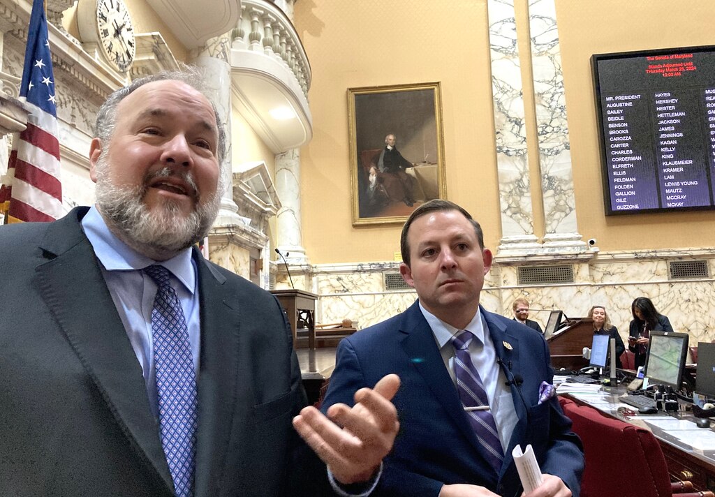 Maryland Del. Luke Clippinger, left, and Sen. Bill Ferguson talk to reporters in the Senate chamber on Wednesday, March 27, 2024, about emergency legislation related to the closure of the Helen Delich Bentley Port of Baltimore following the collapse of the Francis Scott Key Bridge.