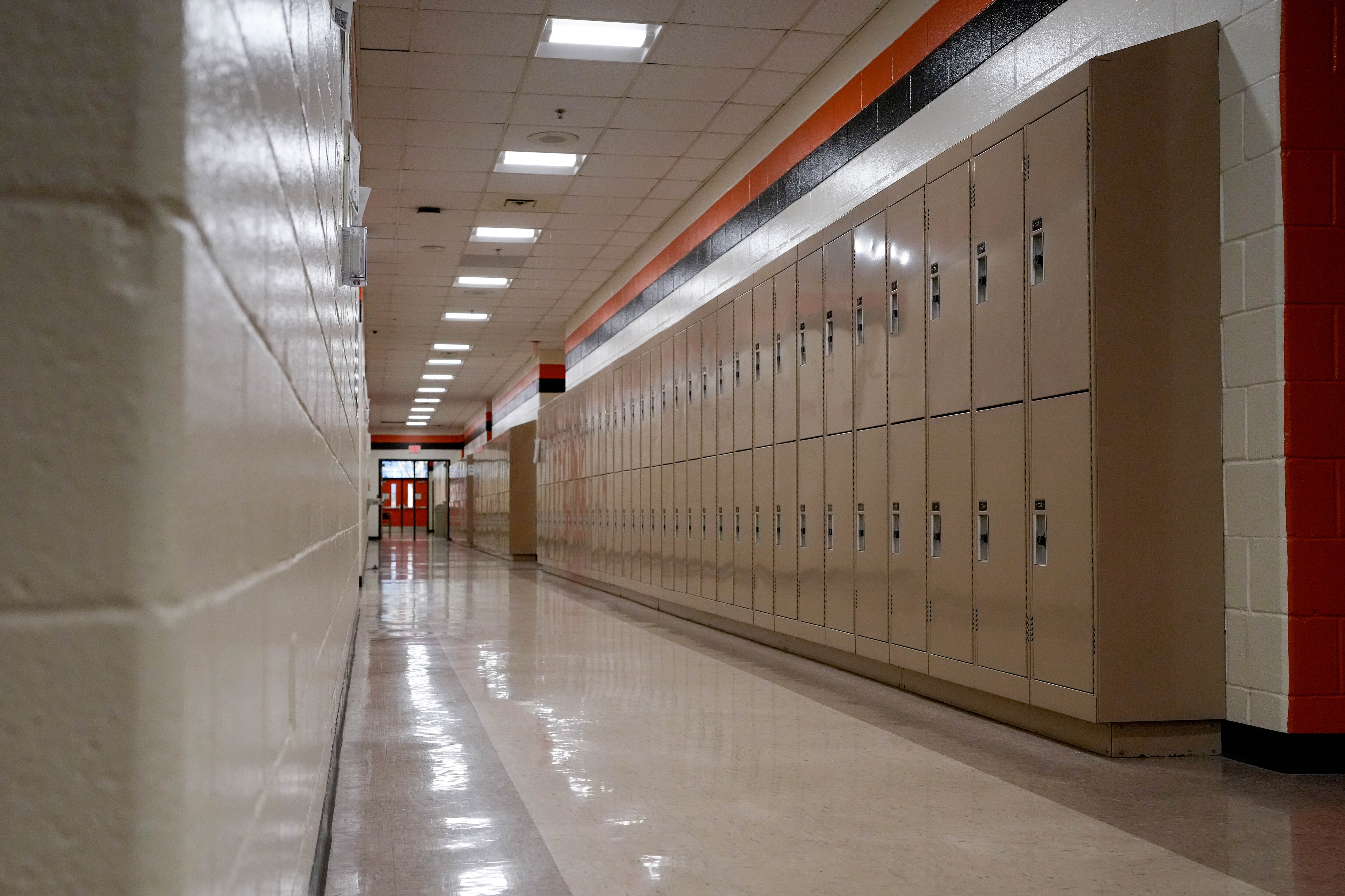 Lockers in a hallway inside of Oakland Mills High School in Columbia, Md. on Wednesday, April 9, 2025.