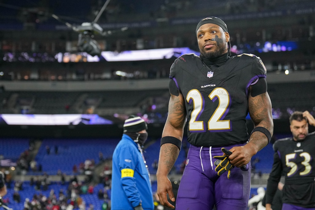 Baltimore Ravens running back Derrick Henry (22) walks off the field following a football game against the New England Patriots at M&T Bank Stadium in Baltimore, Md. on Sunday, December 21, 2025. The Sunday Night Football game was the Ravens’ final home game of the regular season.