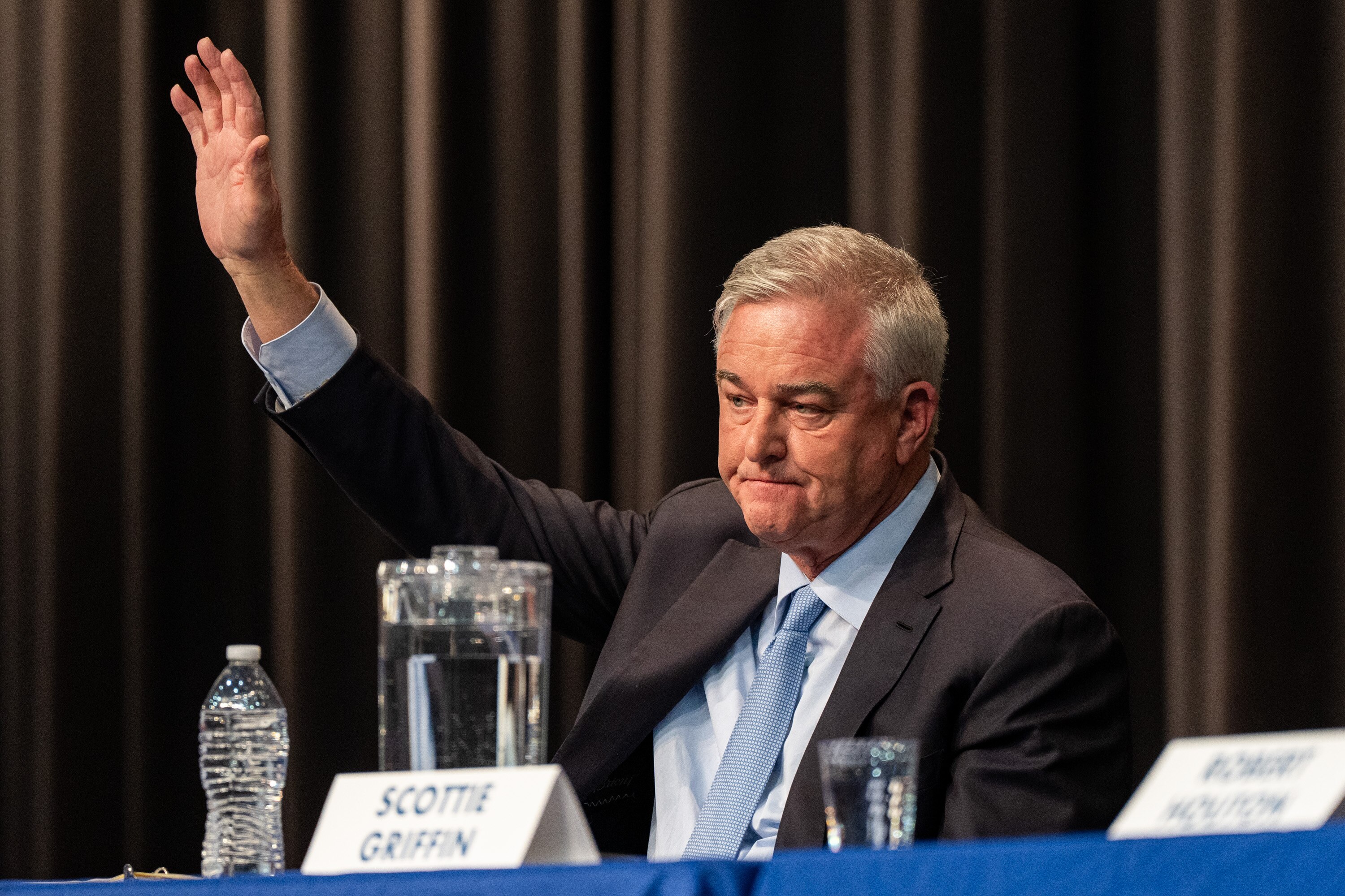 U.S. Rep. David Trone waves during a forum with other U.S. Senate candidates at Montgomery Blair High School in Silver Spring, Maryland on Saturday, March 2, 2024. Trone was defeated in the Democratic primary by Angela Alsobrooks on Tuesday, May 14, 2024.