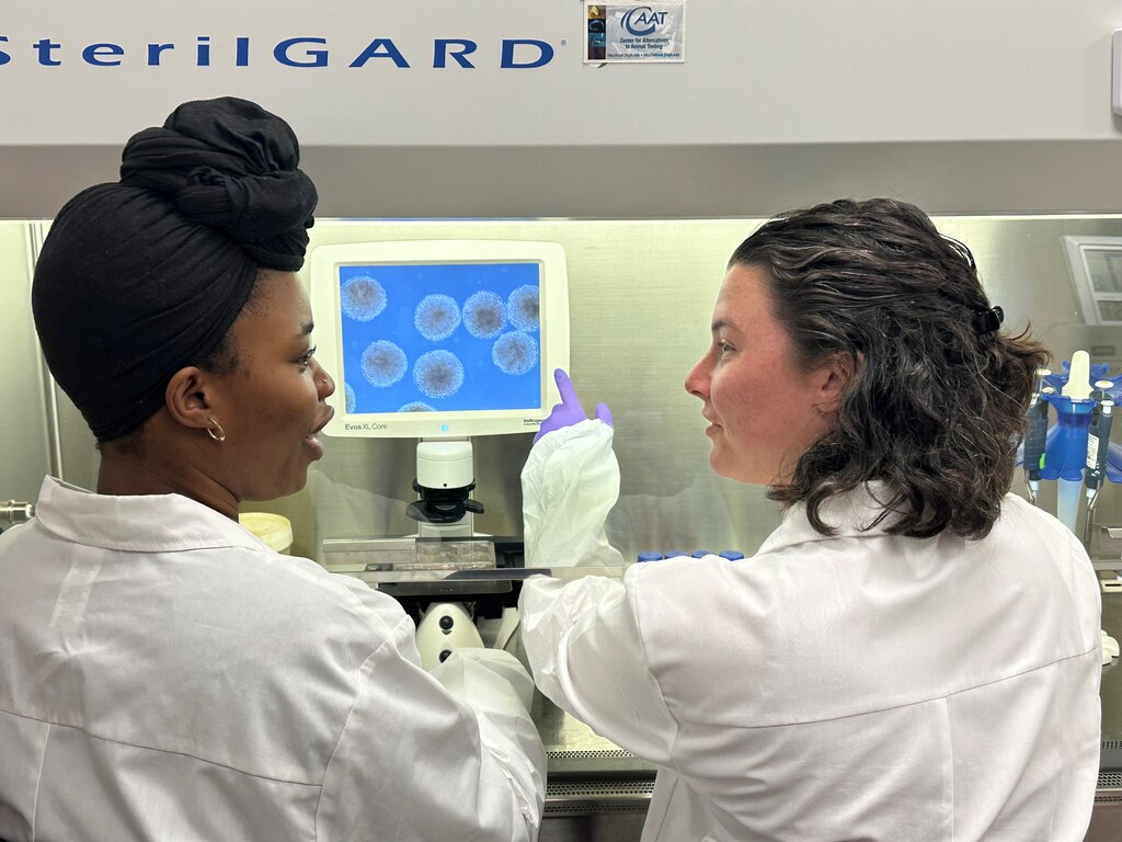 Aliyah Penn, a PhD student (left, in headscarf), and Alex Rittenhouse, an MD-PhD student, look at magnified organoids with a specific autism genetic background.