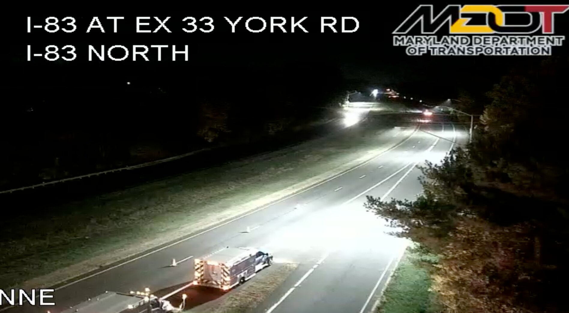 A screen grab from MDOT cameras shows the closed highway at I-83 northbound exit 33.