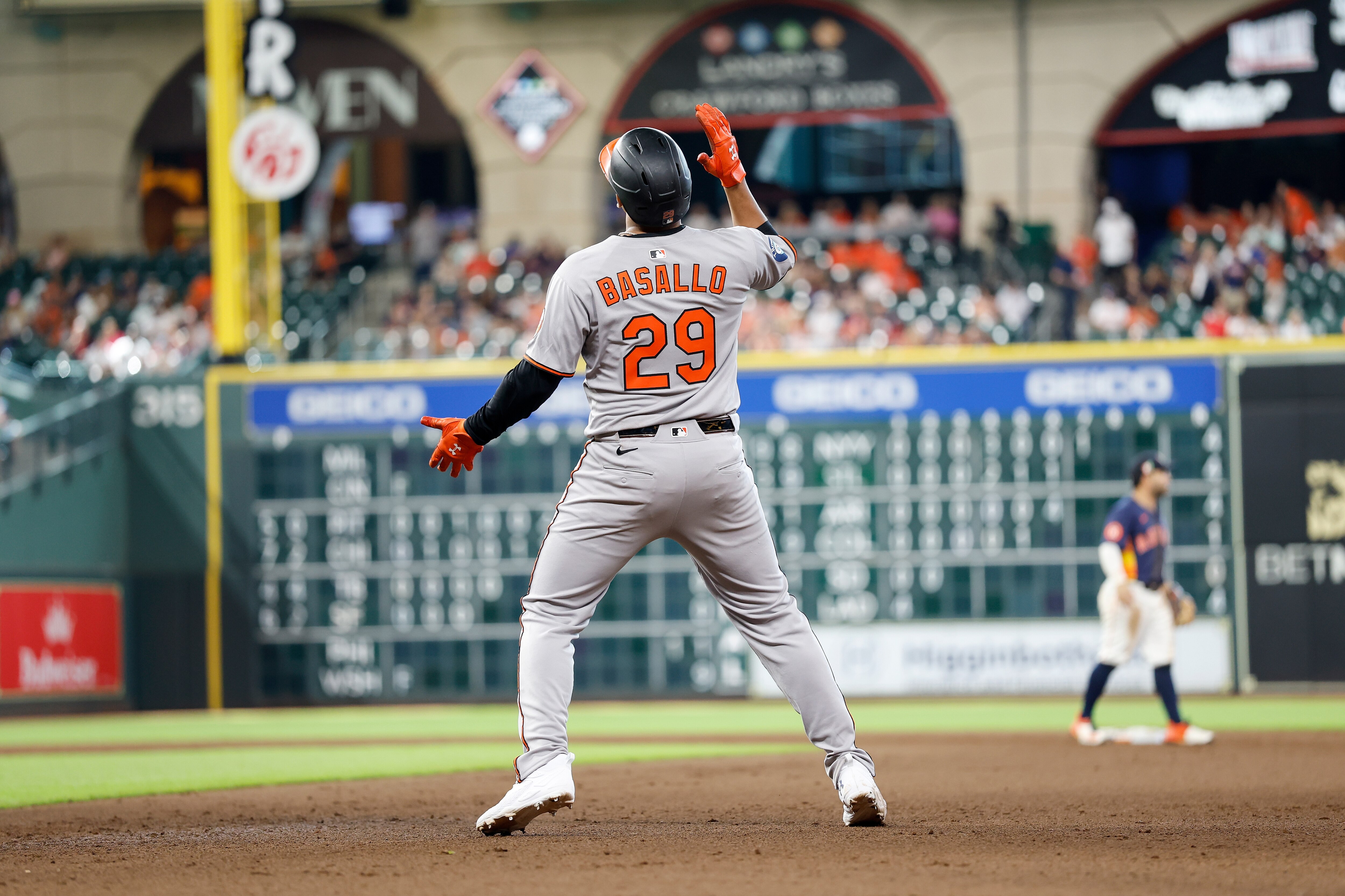 Samuel Basallo celebrates his first major league hit, a two-run single against the Astros on Sunday.