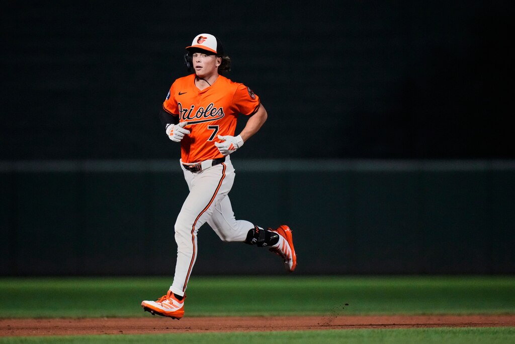 Baltimore Orioles' Jackson Holliday (7) rounds the bases after hitting a home run during the ninth inning of a baseball game against the Los Angeles Dodgers, Saturday, Sept. 6, 2025, in Baltimore.