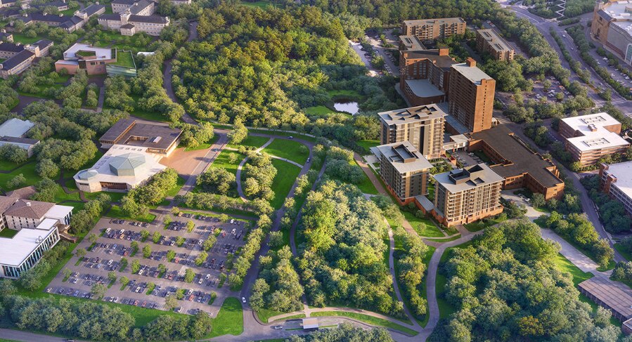 A rendering of the Goucher College campus with the yet-to-be-built University Residence Community towers from Edenwald Senior Living on the right side.