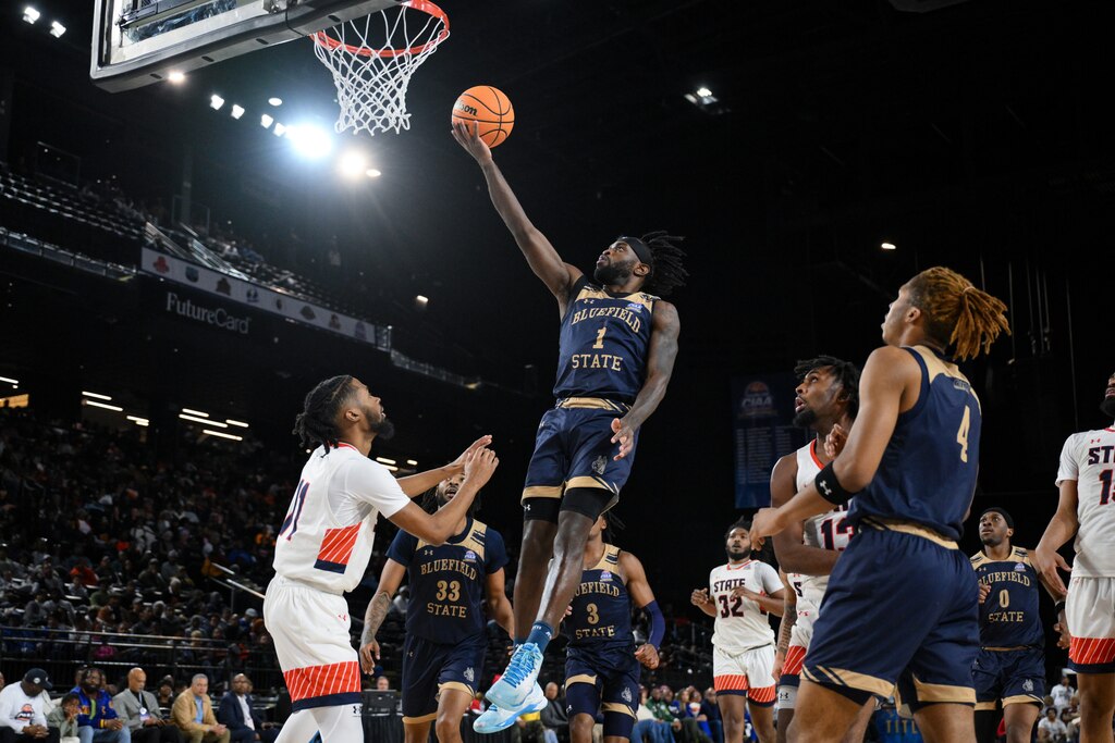 Bluefield State guard Rell Williams (1) drives to the basket for a lay up during the second half of the CIAA menβs final college basketball game against Virginia State, Saturday, Mar. 1, 2025, in Baltimore, Md.