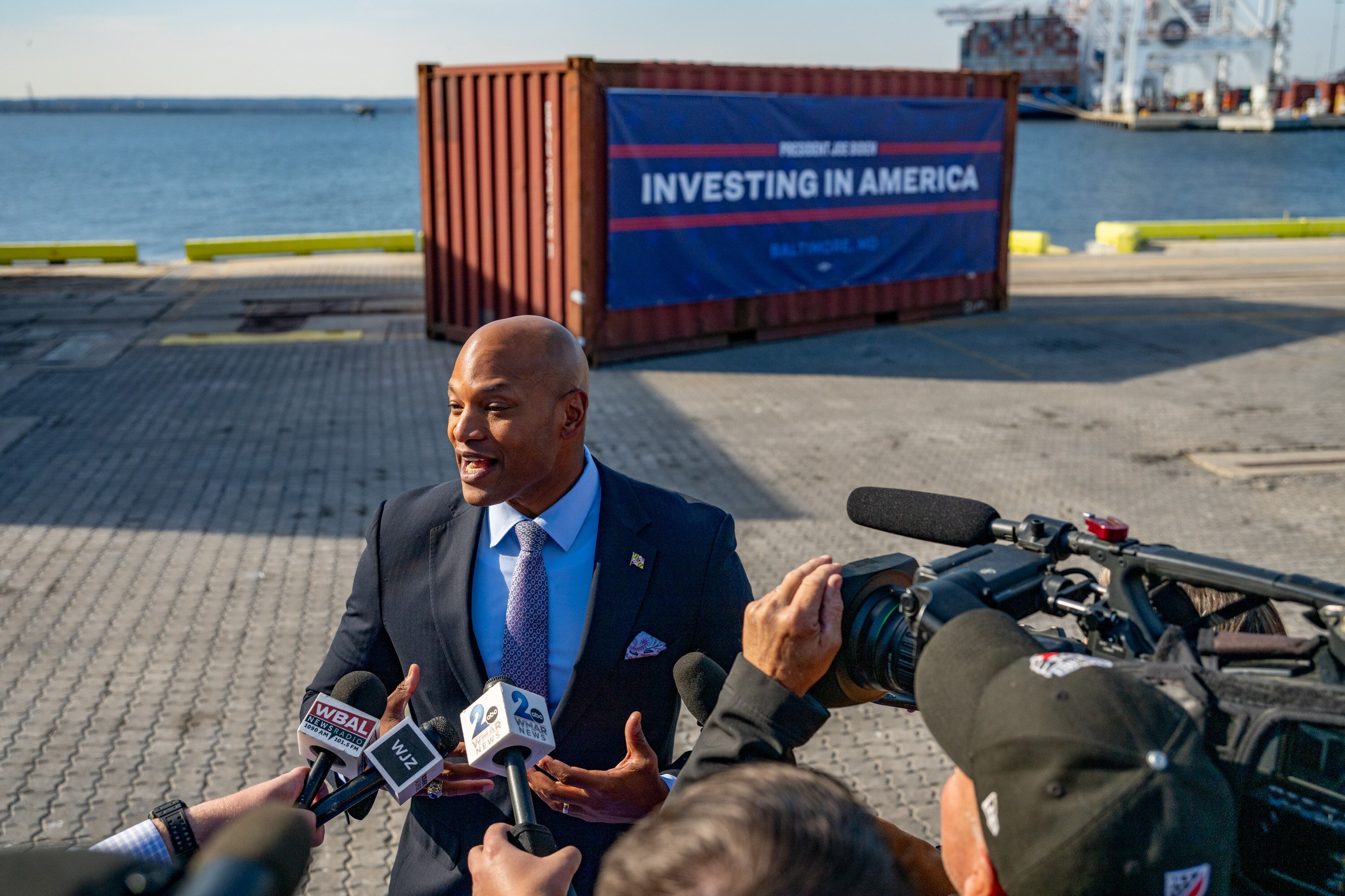 Maryland Gov. Wes Moore at the Port of Baltimore following an announcement of funding for carbon reduction at U.S. ports by President Joe Biden. Some fear how such funding will be treated by President Donald Trump's administration.