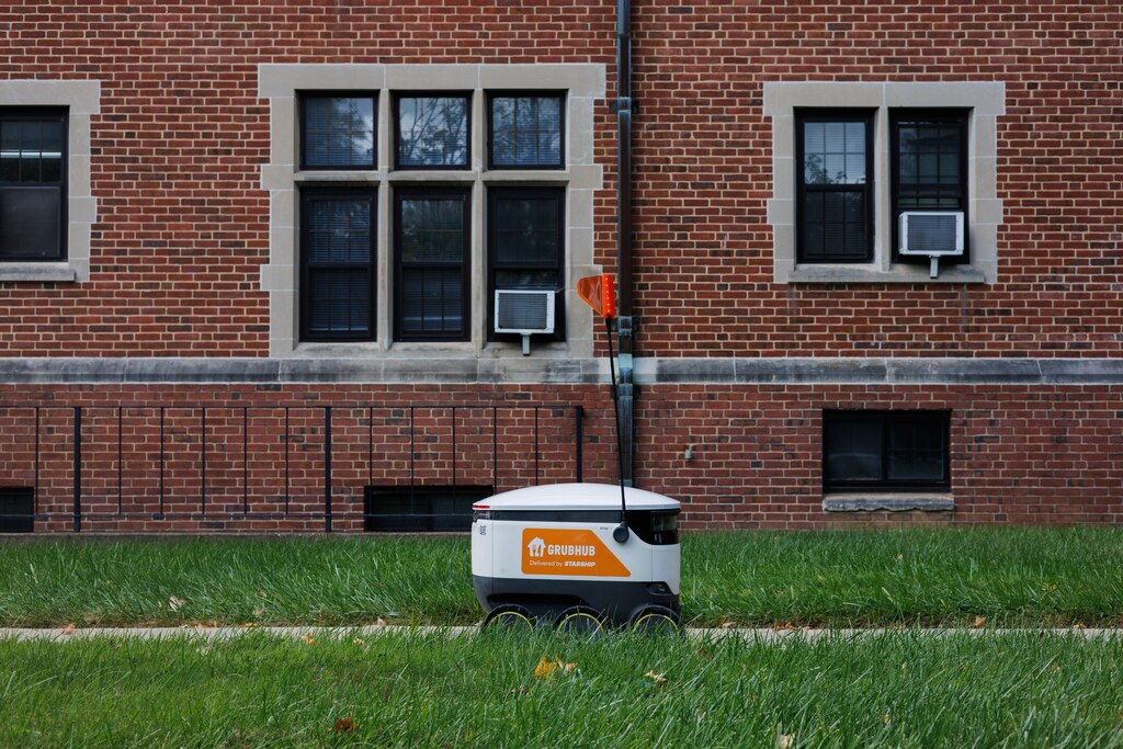 Friday, Oct. 10, 2025 in Towson- GrubHub food delivery robots take food from on-campus eateries to anywhere on the Towson University campus.