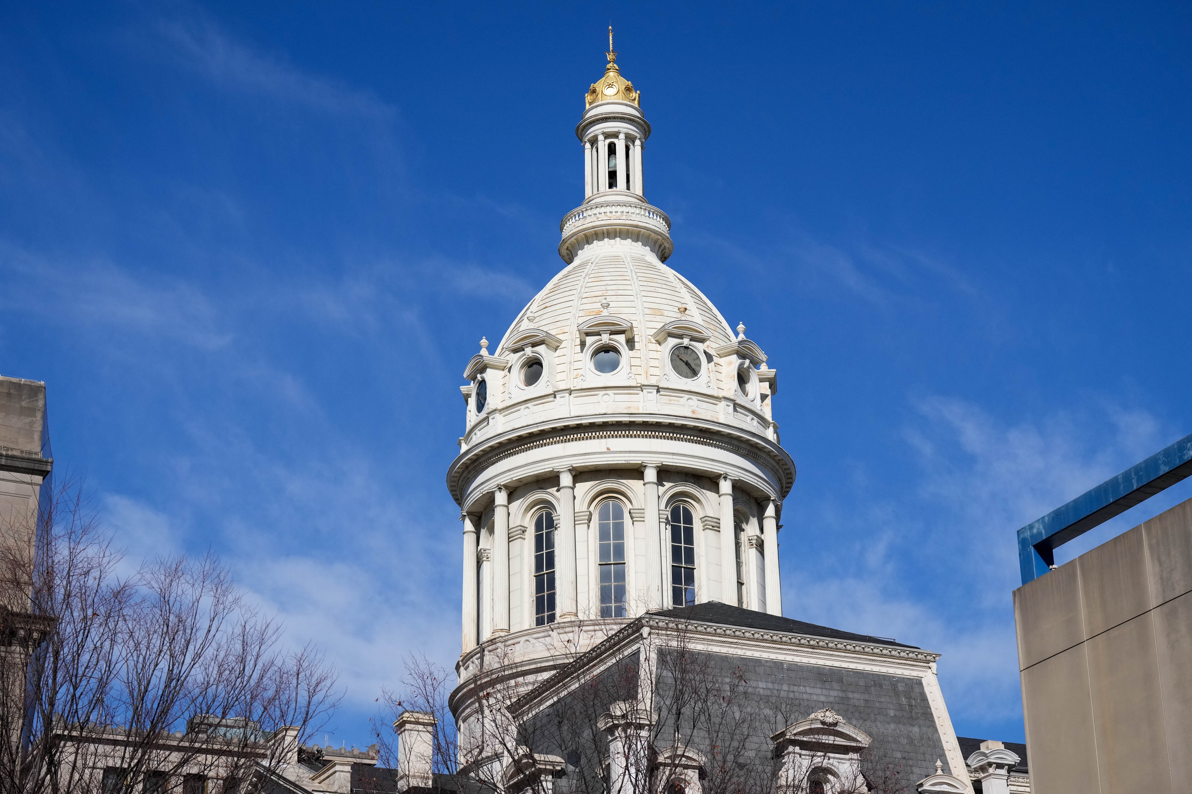 Baltimore City Hall’s dome seen from a parking lot in downtown Baltimore, Md. on Friday, February 14, 2025.