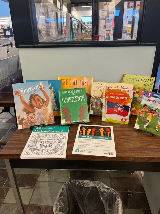 A selection of books for Juneteenth at the Essex Branch of the Baltimore County Public Library