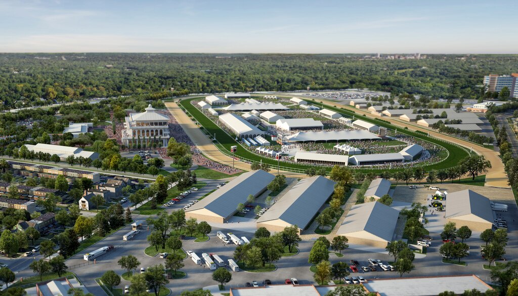 Renderings show what the redeveloped Pimlico Race Course in Park Heights could look like. The thoroughbred horse racing track is scheduled to be torn down after the 2025 Preakness Stakes and rebuilt in time for the 2027 Preakness Stakes.