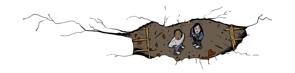 An illustration of renters looking through the ceiling of a property.