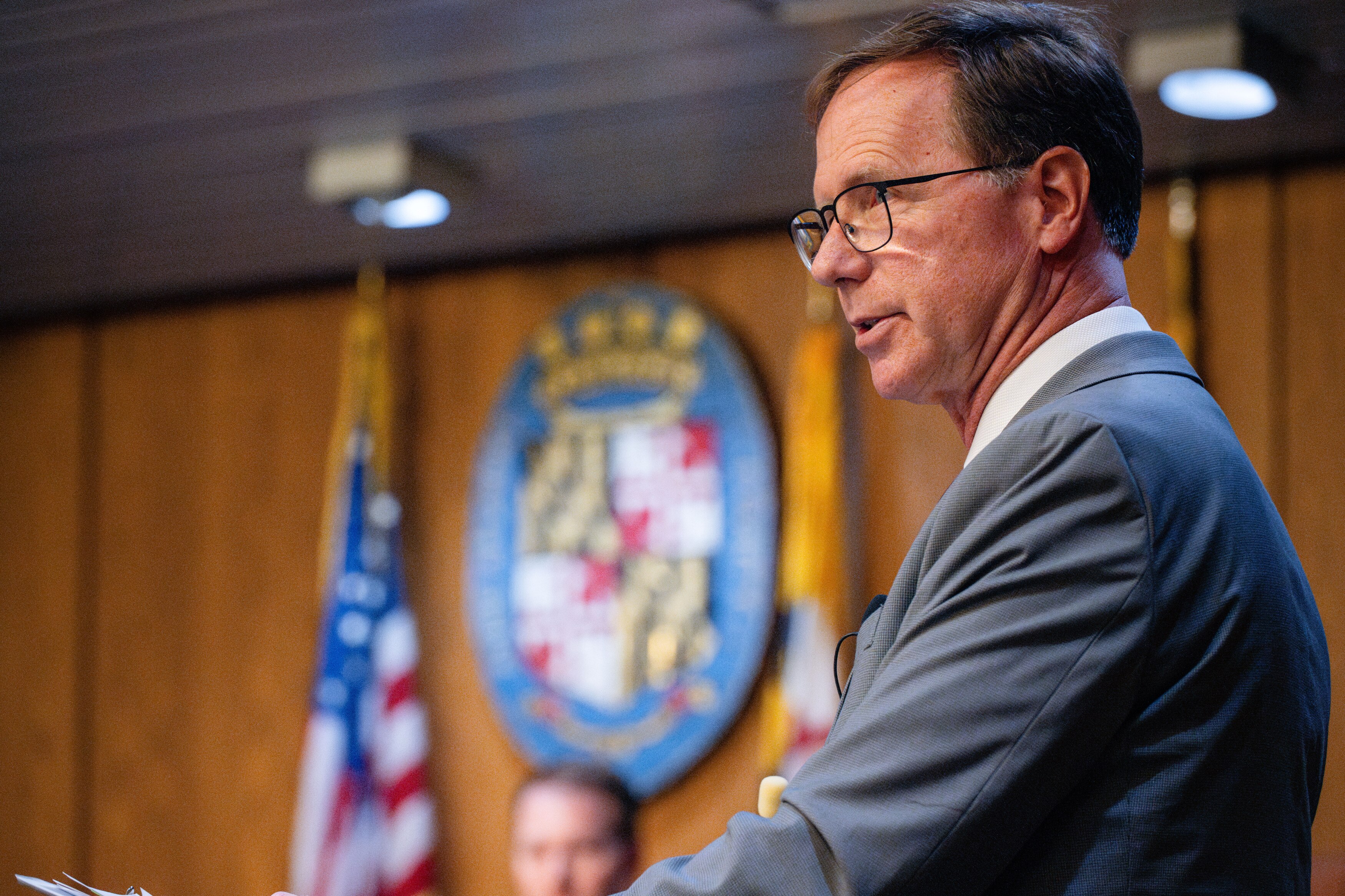 Anne Arundel County Executive Steuart Pittman, shown delivering his budget last year, said Wednesday that ICE arrested at least seven people in the Annapolis area on Tuesday.