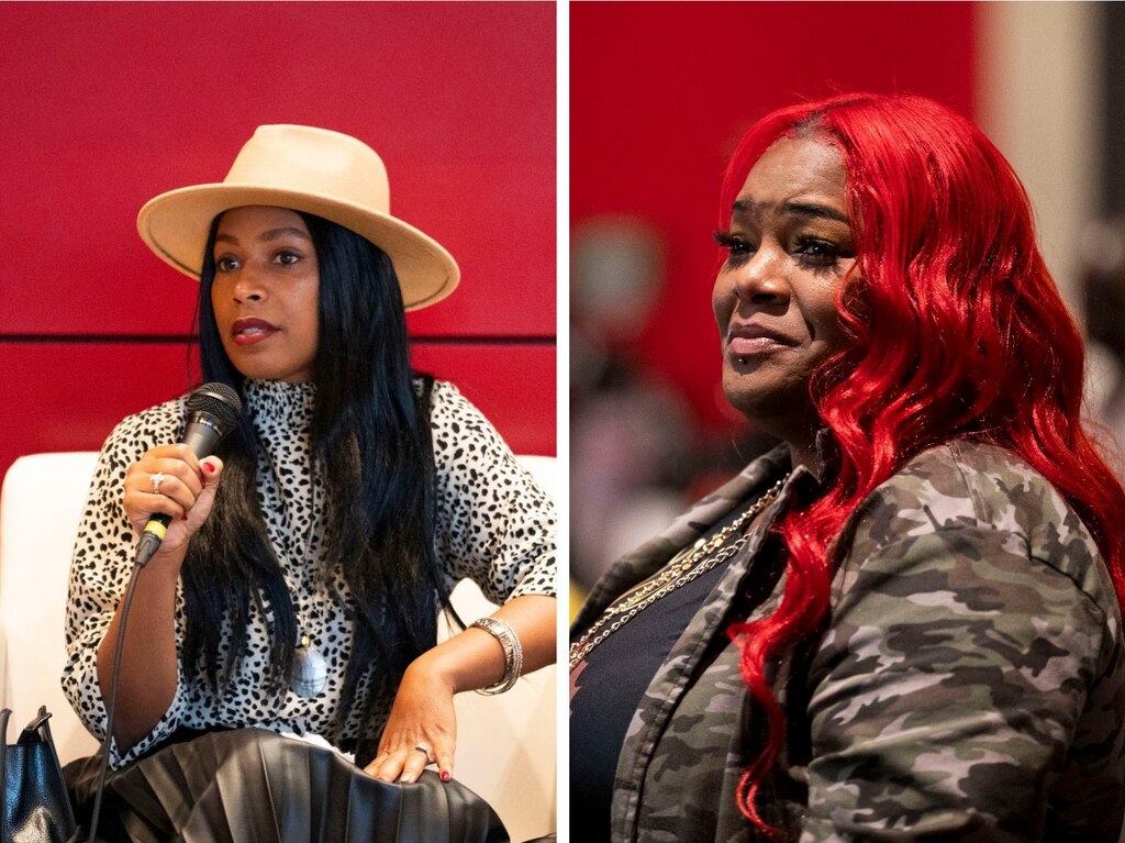 Krystal Gonzalez speaks about her daughter Aaliyah Gonzalez who was shot and killed at the Brooklyn Homes block party last July as Tameka Lynbrith, mother of Kylis Fagbemi who was also shot and killed that day, watches on.