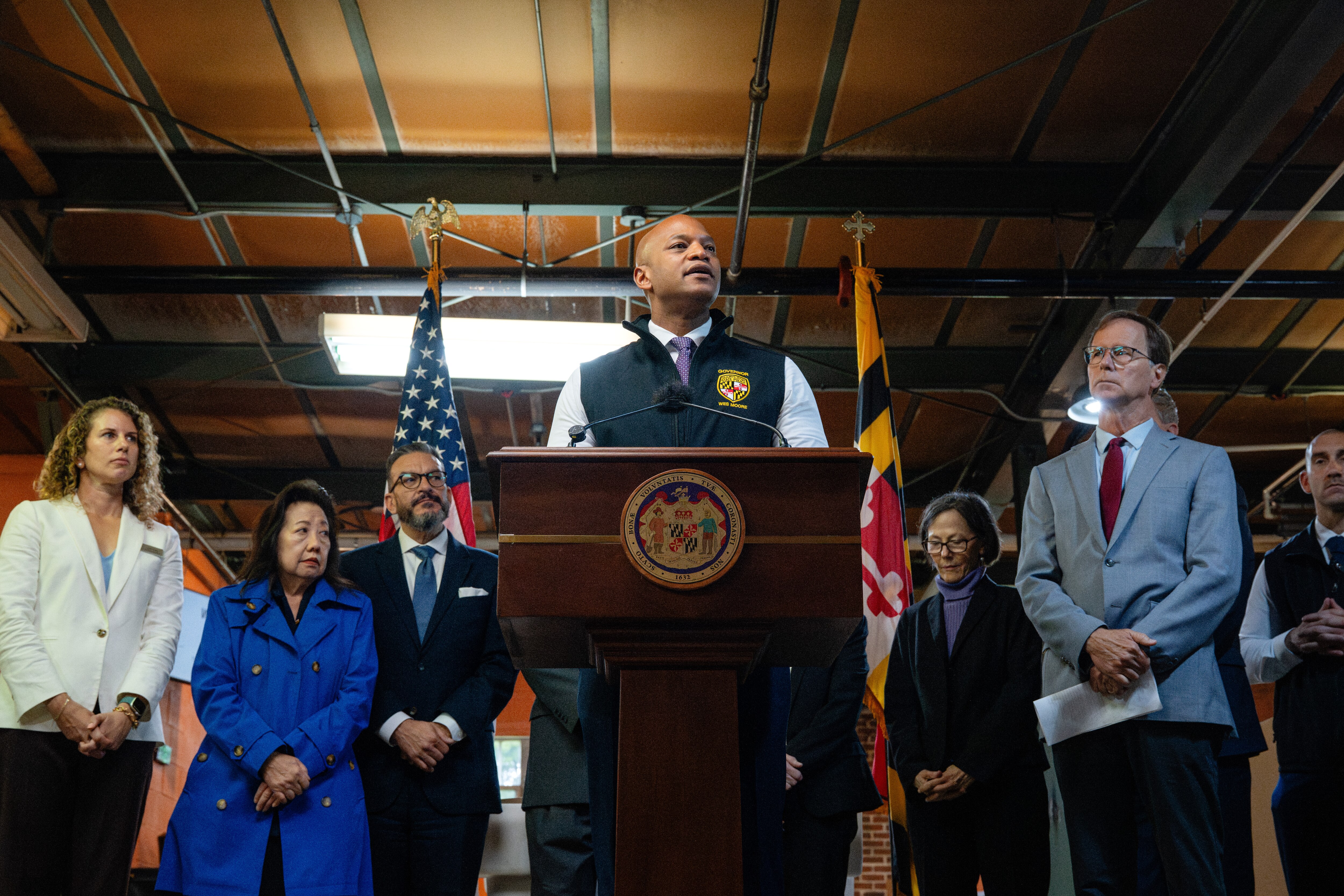 At Anne Arundel County Food Bank on Thursday, Gov. Wes Moore announces that $10 million in state funds will be sent to food banks and pantries, which are seeing unprecedented demand. He declared a state of emergency.
