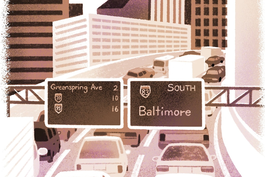 An illustration shows cars driving into Baltimore and the city skyline.