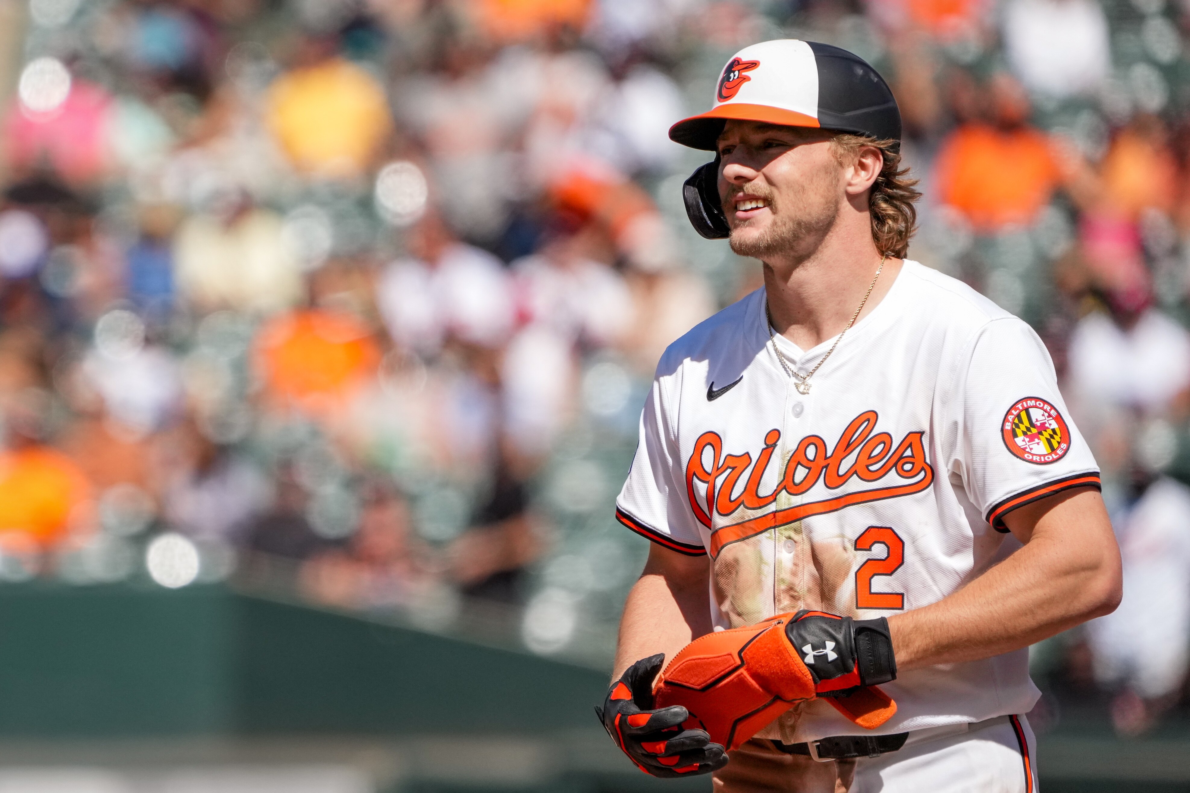 Baltimore Orioles shortstop Gunnar Henderson (2) smiles after singling during a game against the Tampa Bay Rays at Camden Yards in Baltimore on Sept. 8, 2024.